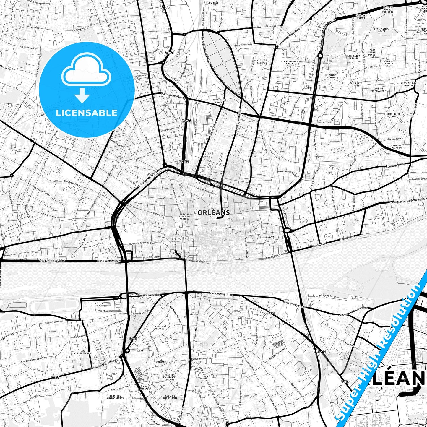 Orléans, France Light Map with Street Names, City Names, and Districts
