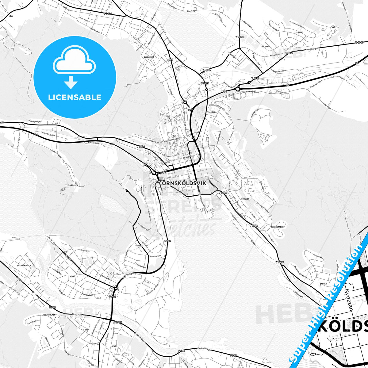 Örnsköldsvik, Sweden Light Map with Street Names, City Names, and Districts