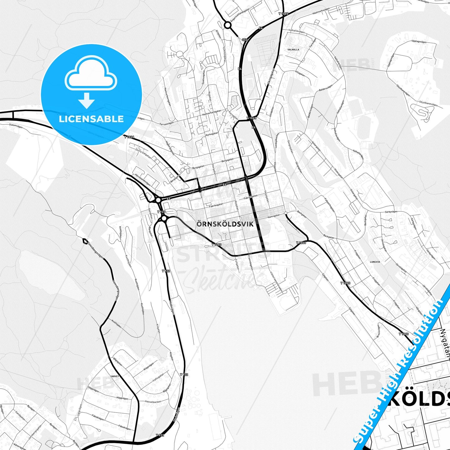 Örnsköldsvik, Sweden Light Map with Street Names, City Names, and Districts