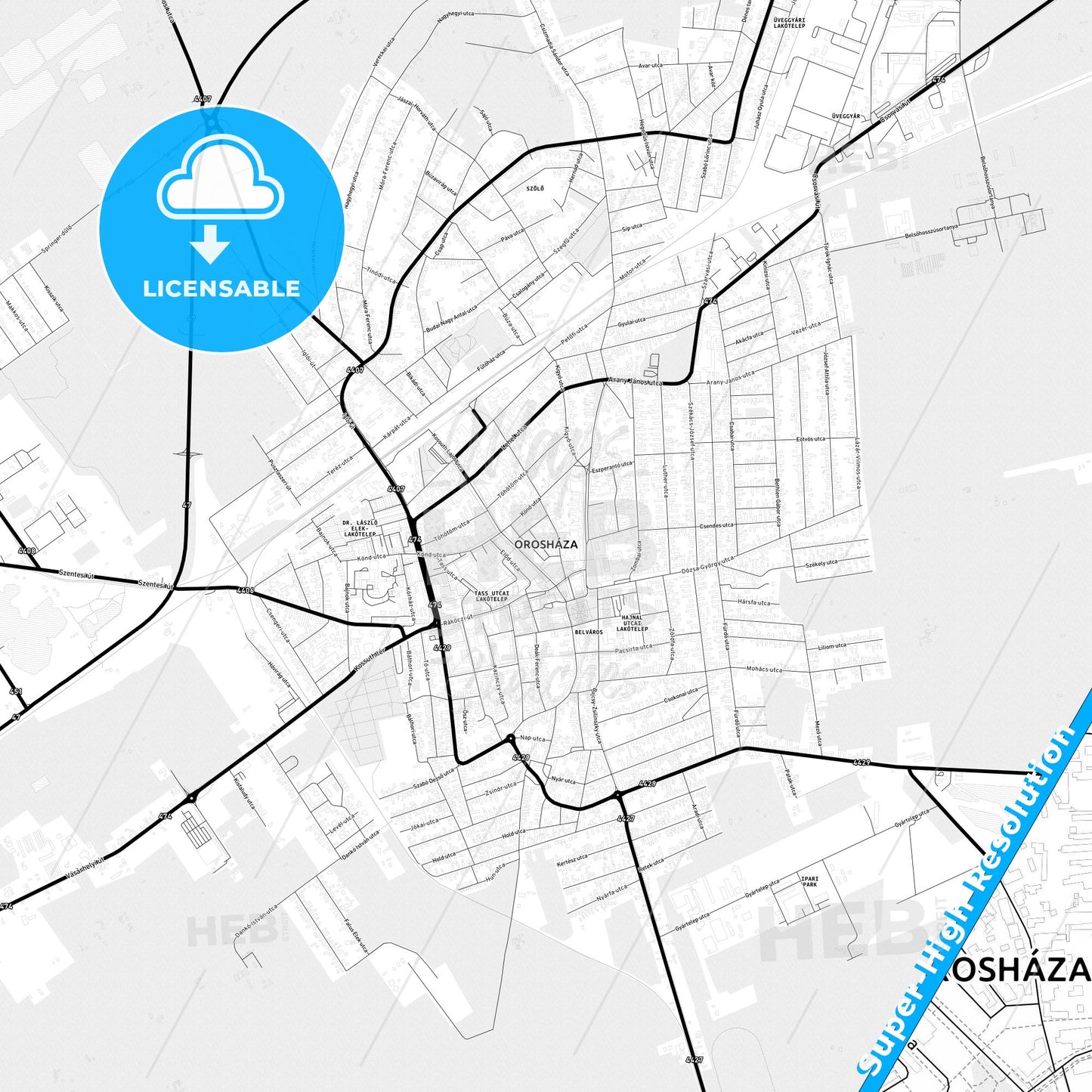 Orosháza, Hungary Light Map with Street Names, City Names, and Districts