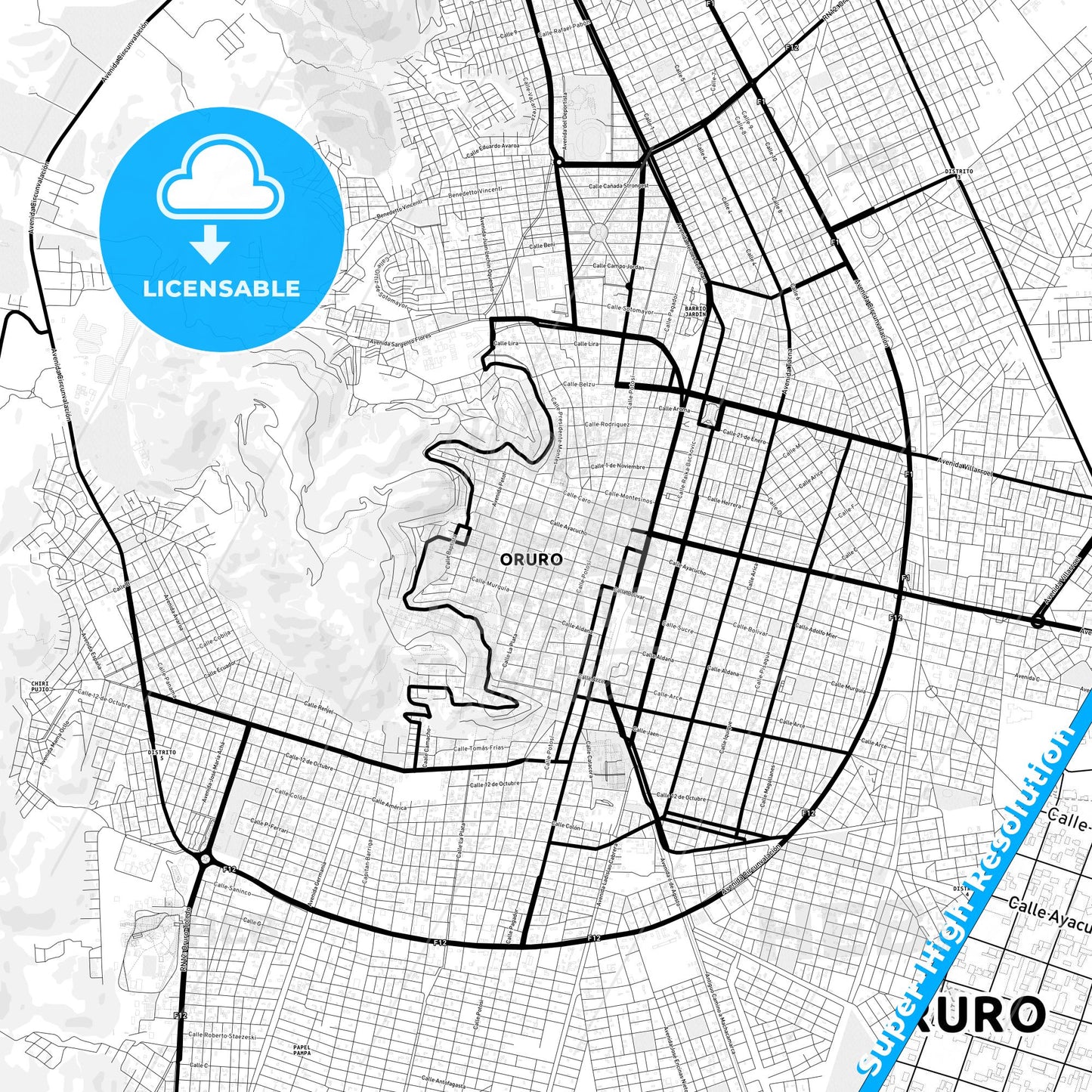Oruro, Bolivia Light Map with Street Names, City Names, and Districts