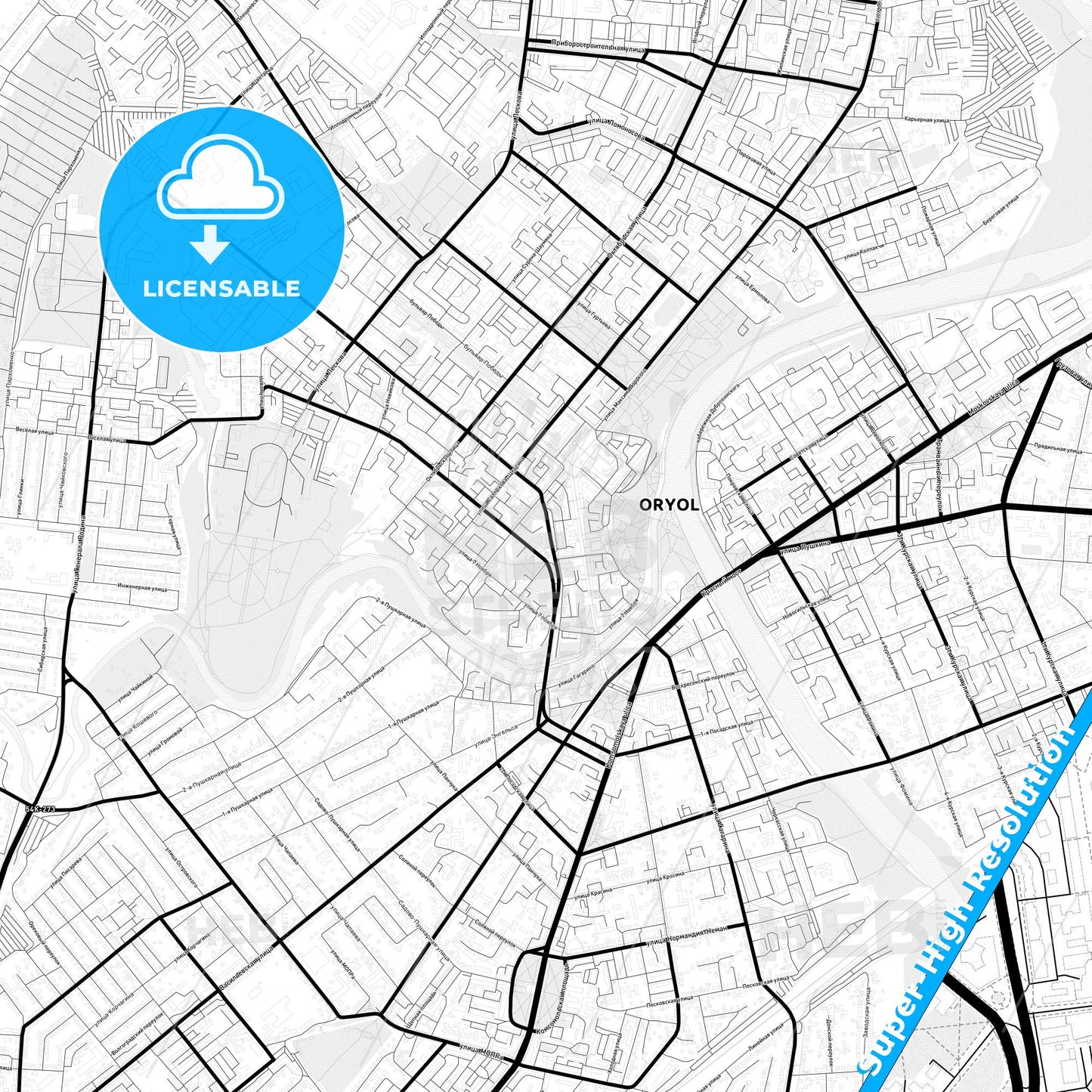 Oryol, Russia Light Map with Street Names, City Names, and Districts