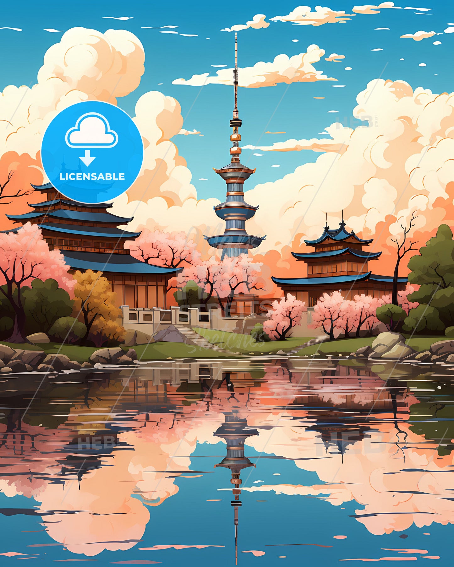 Mesmerizing Watercolor Painting of Osaka Skyline featuring Waterway, Buildings and Trees, Focus on Artistic Expression