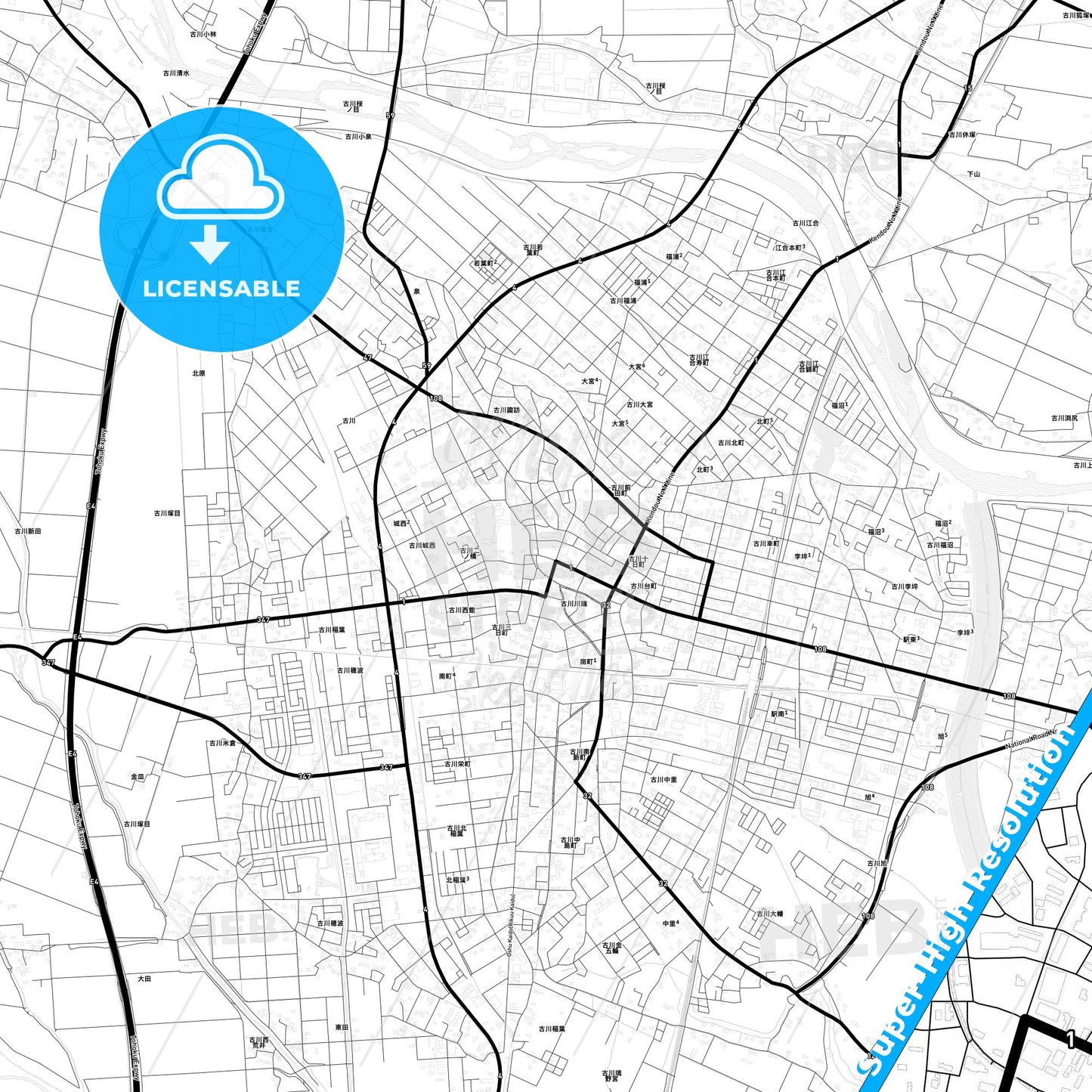 Ōsaki, Japan Light Map with Street Names, City Names, and Districts