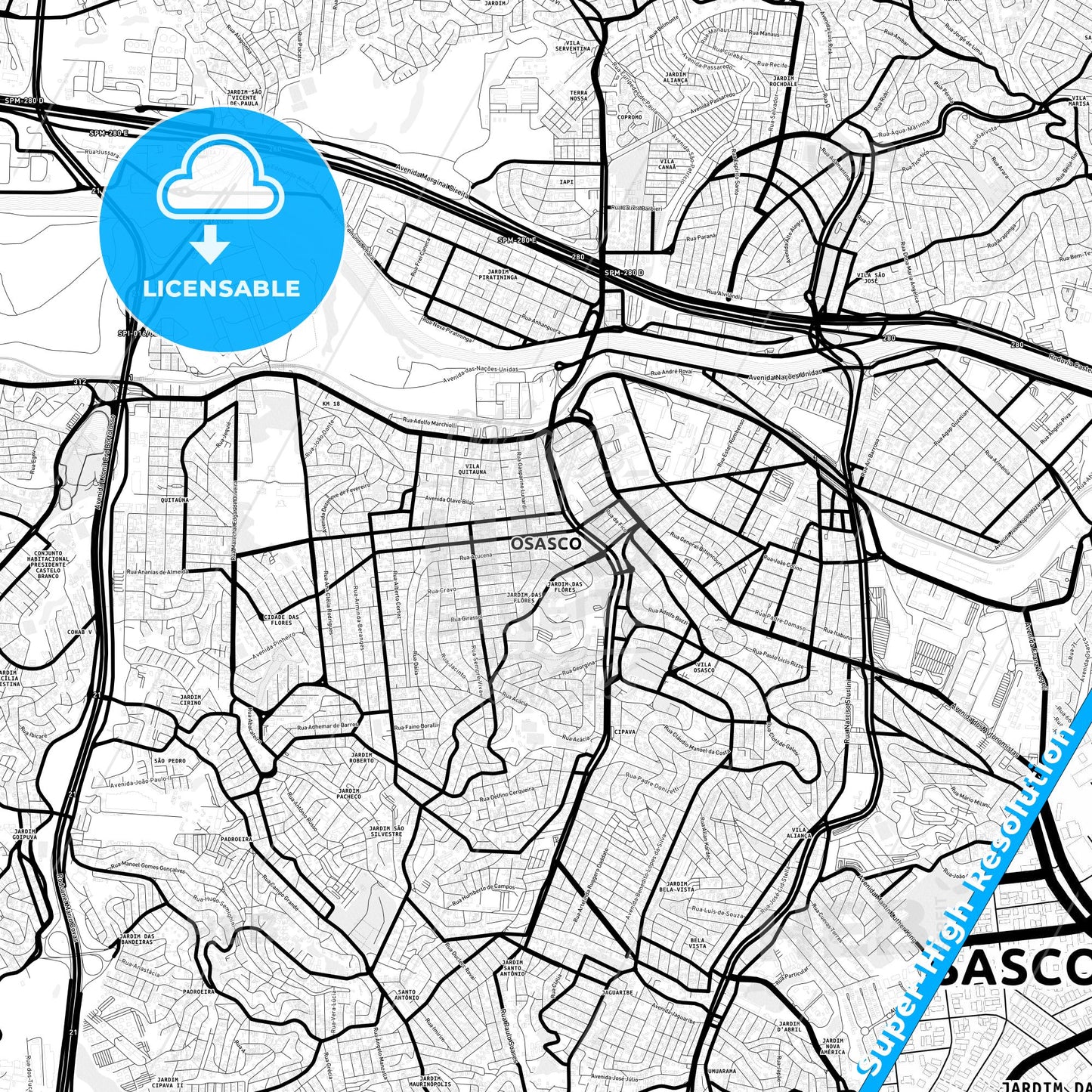 Osasco, Brazil Light Map with Street Names, City Names, and Districts