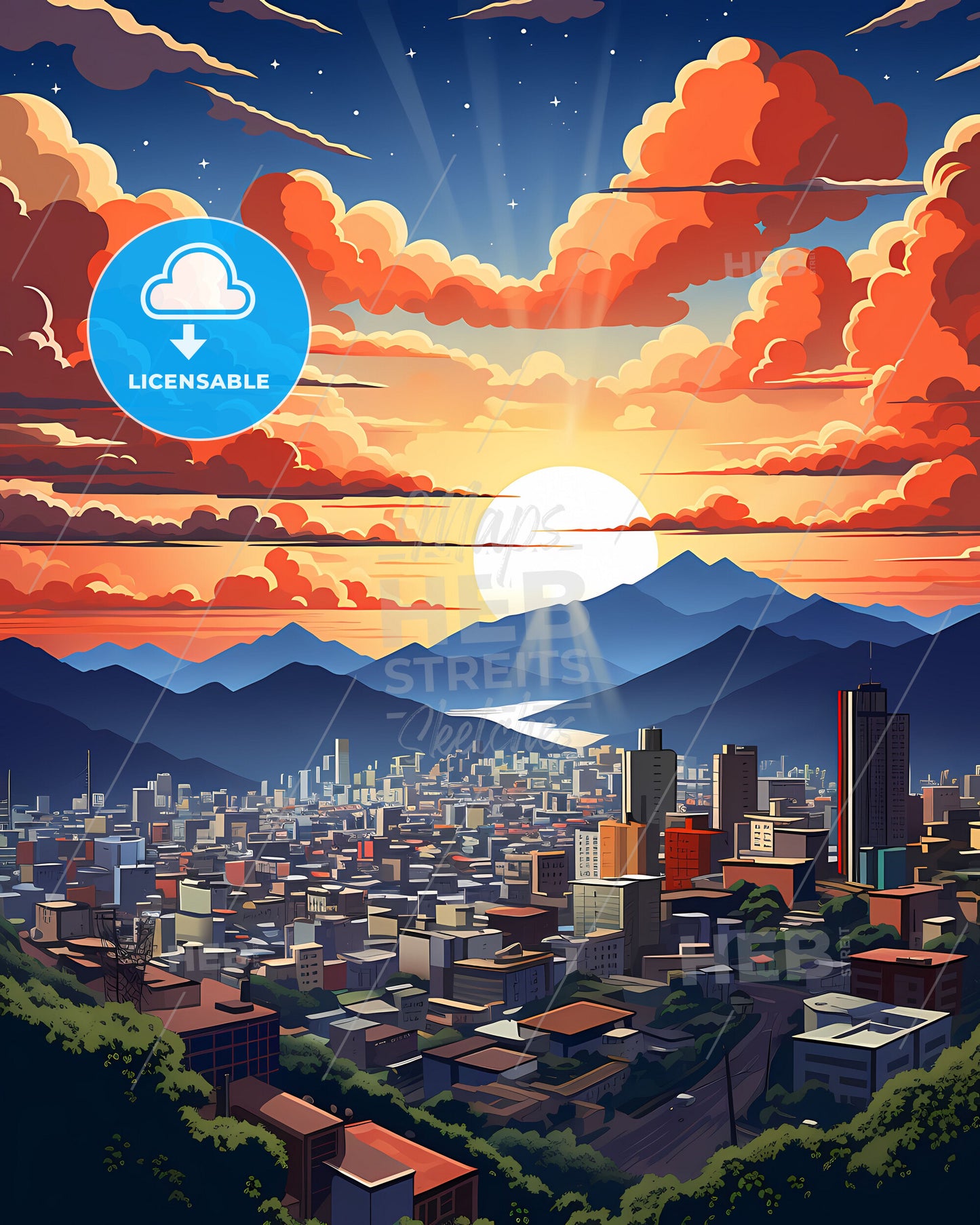 Panoramic View of Osasco City Painting with Skyline, Mountains, and Clouds