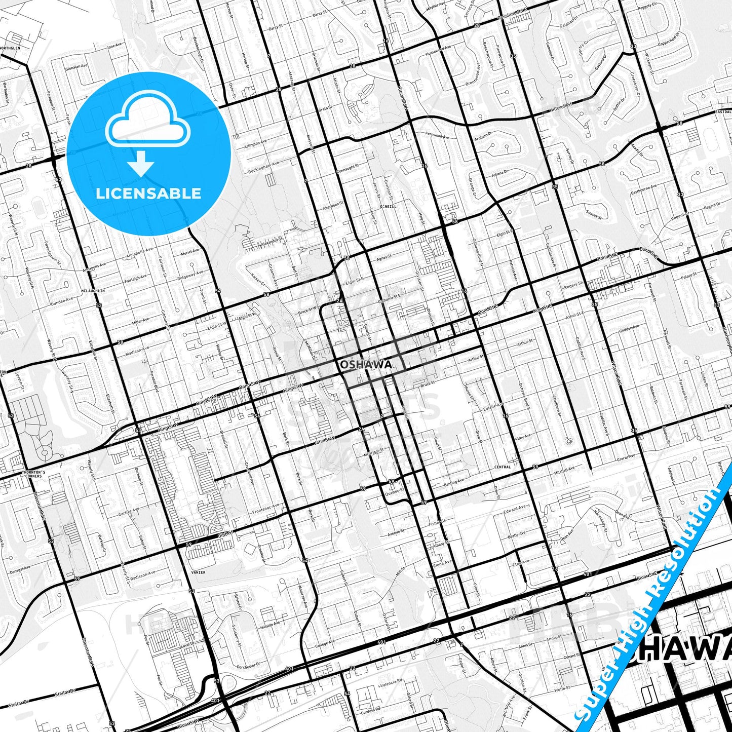 Oshawa, Canada Light Map with Street Names, City Names, and Districts