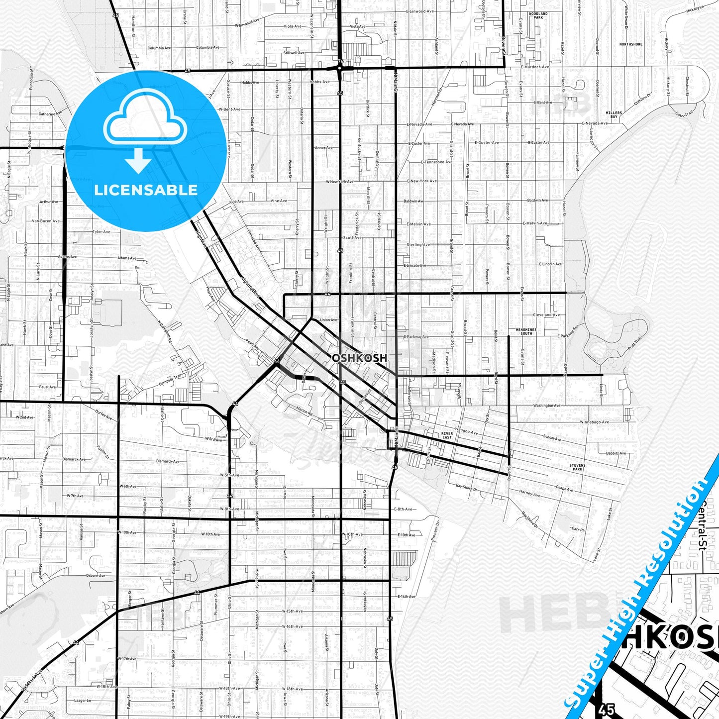 Oshkosh, Wisconsin Light Map with Street Names, City Names, and Districts
