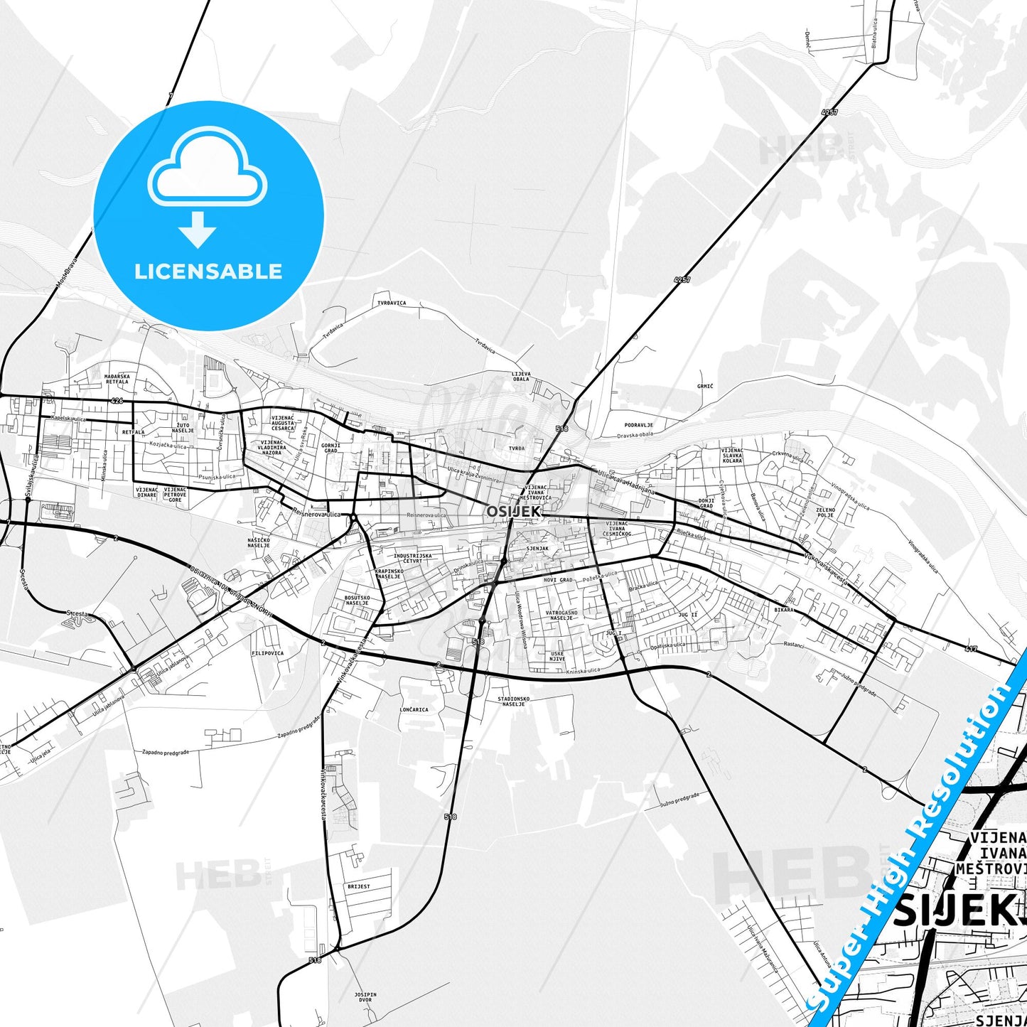 Osijek, Croatia Light Map with Street Names, City Names, and Districts