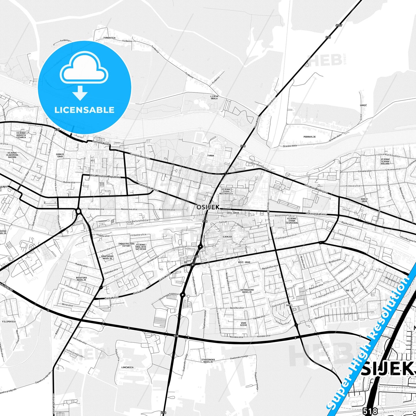 Osijek, Croatia Light Map with Street Names, City Names, and Districts