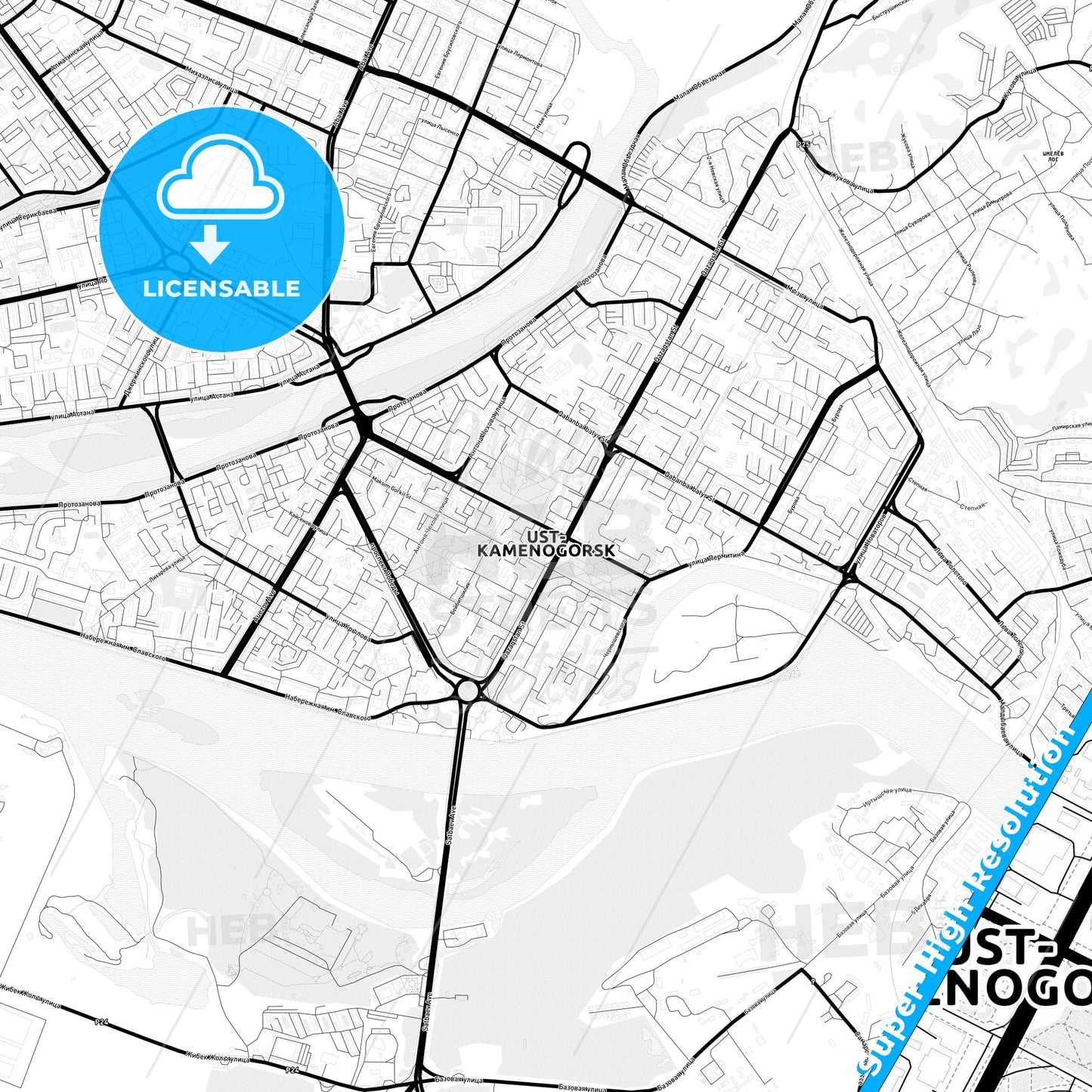 Oskemen, Kazakhstan Light Map with Street Names, City Names, and Districts