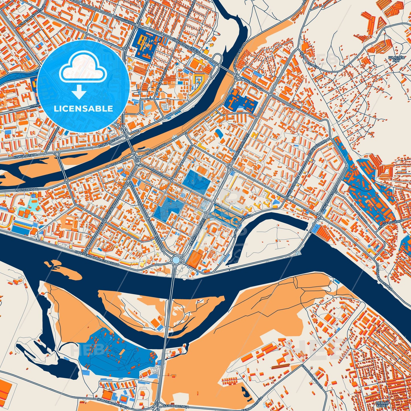 Colorful Oskemen Street Map with Labels and Buildings