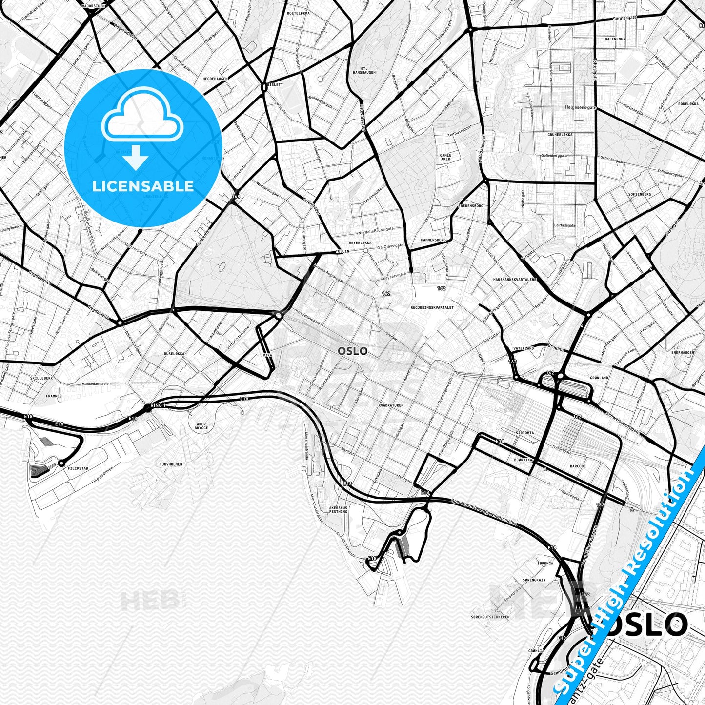 Oslo, Norway Light Map with Street Names, City Names, and Districts