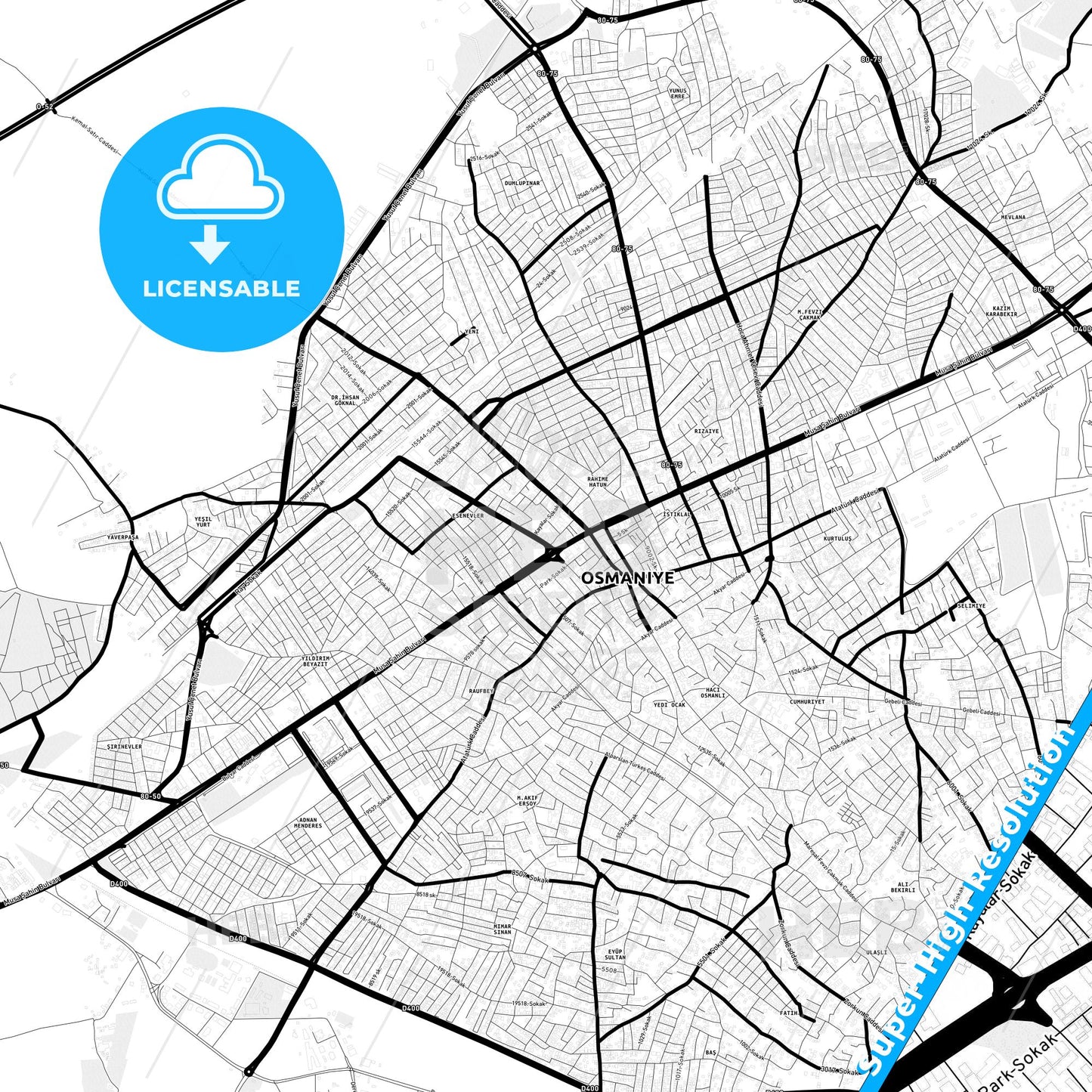 Osmaniye, Turkey Light Map with Street Names, City Names, and Districts