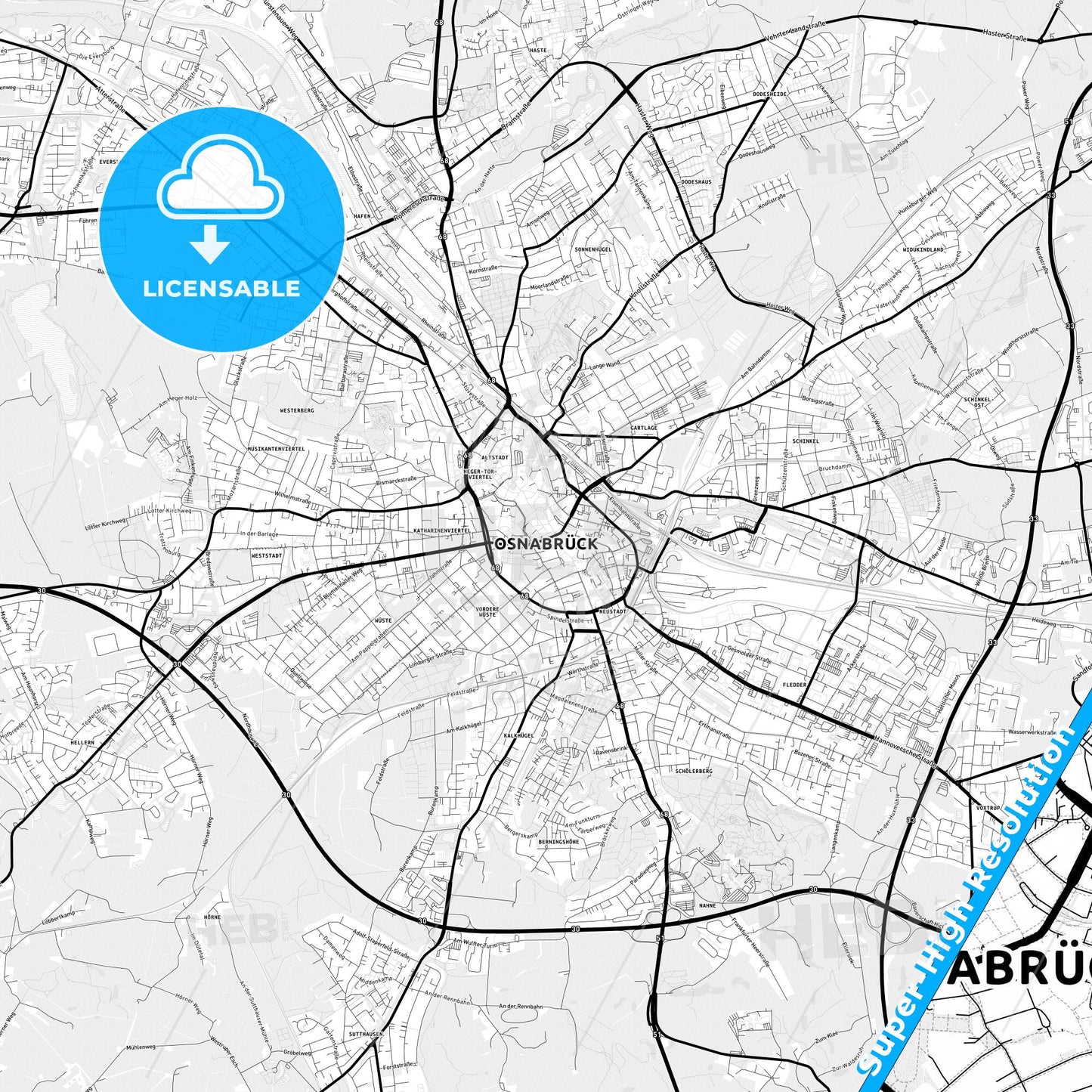 Osnabruck, Germany Light Map with Street Names, City Names, and Districts