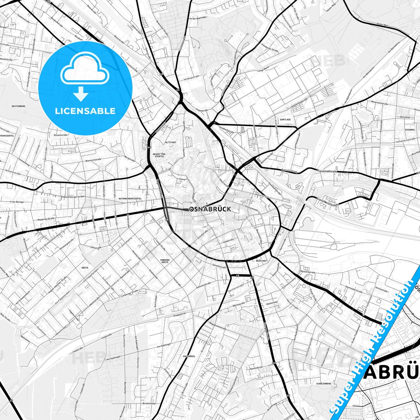 Osnabruck, Germany Light Map with Street Names, City Names, and Districts