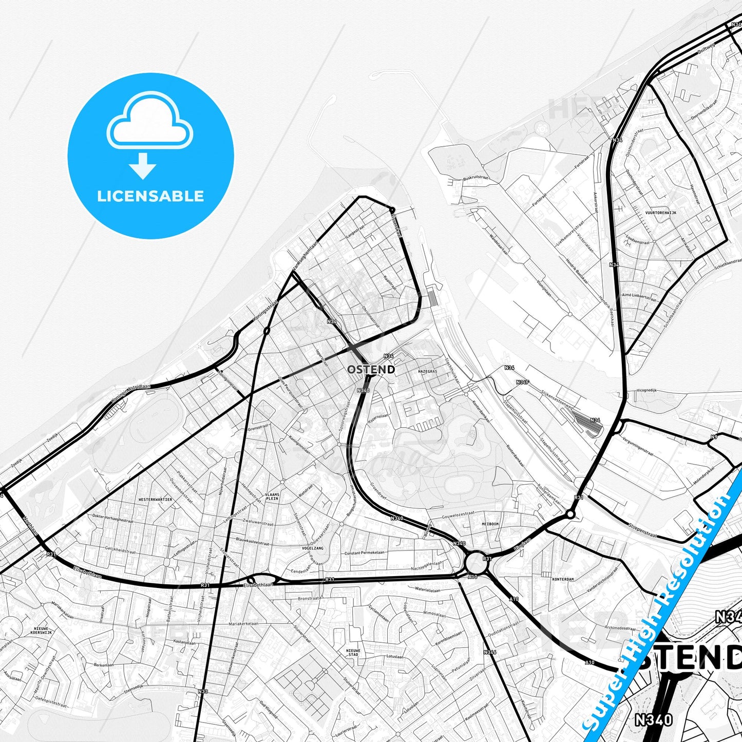 Ostend, Belgium Light Map with Street Names, City Names, and Districts