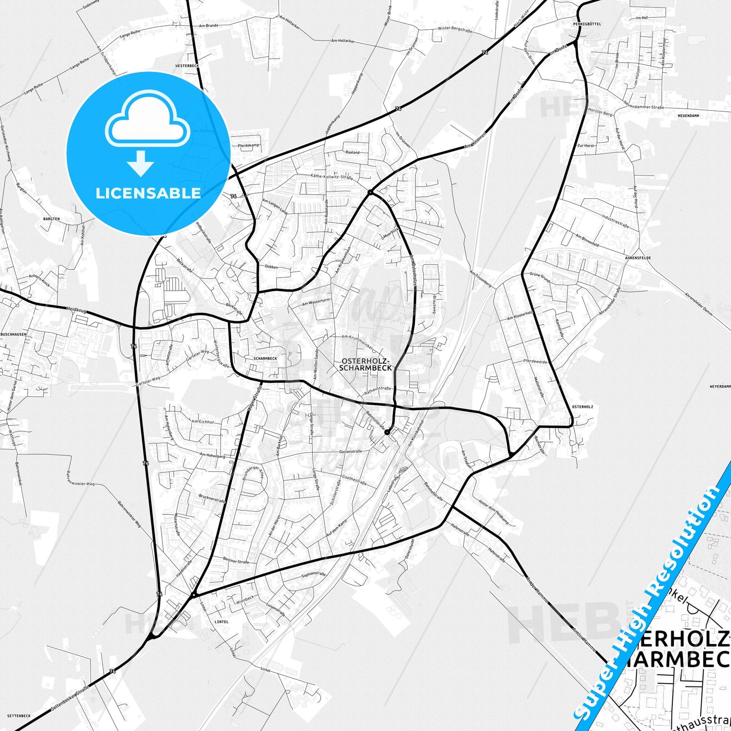 Osterholz-Scharmbeck, Germany Light Map with Street Names, City Names, and Districts