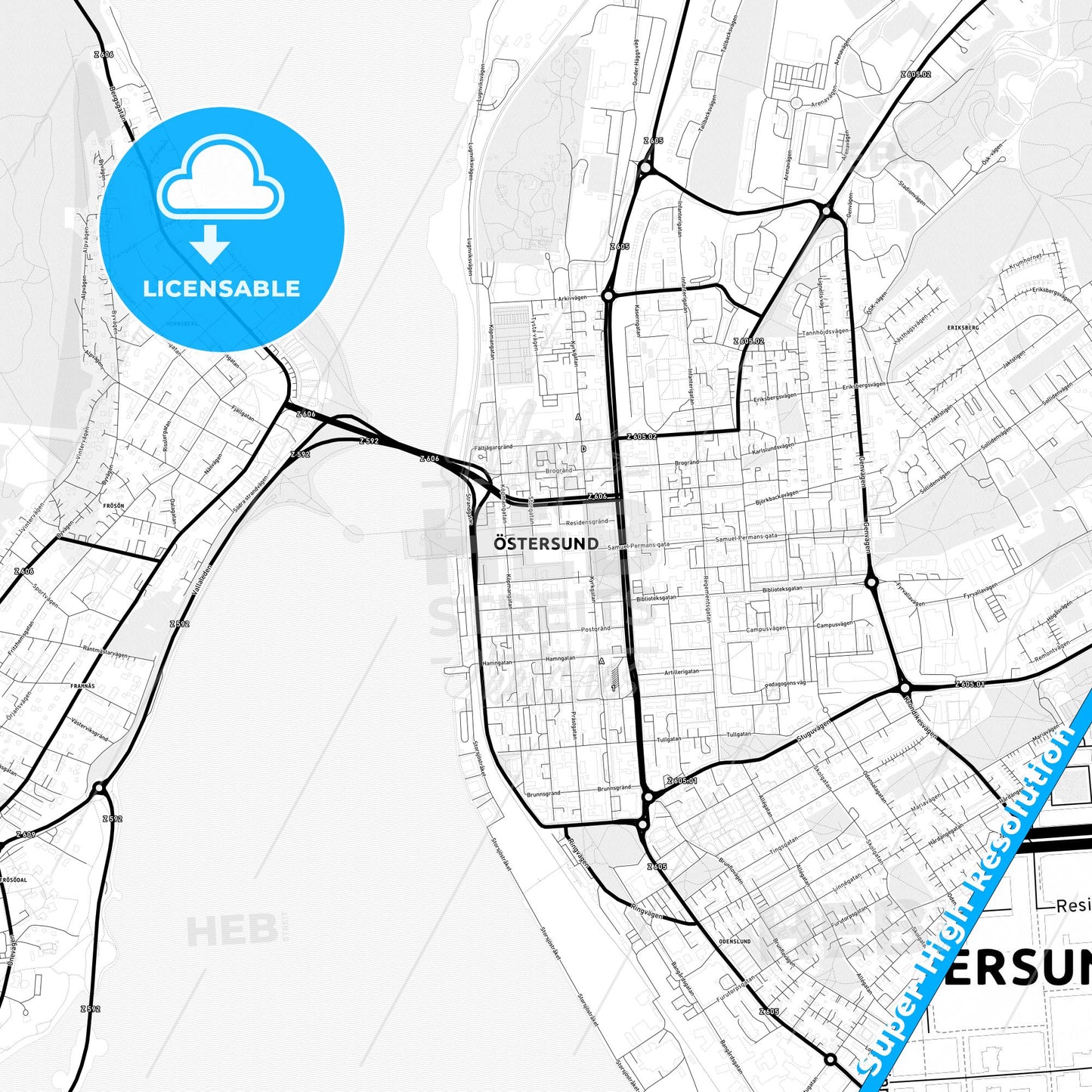 Östersund, Sweden Light Map with Street Names, City Names, and Districts