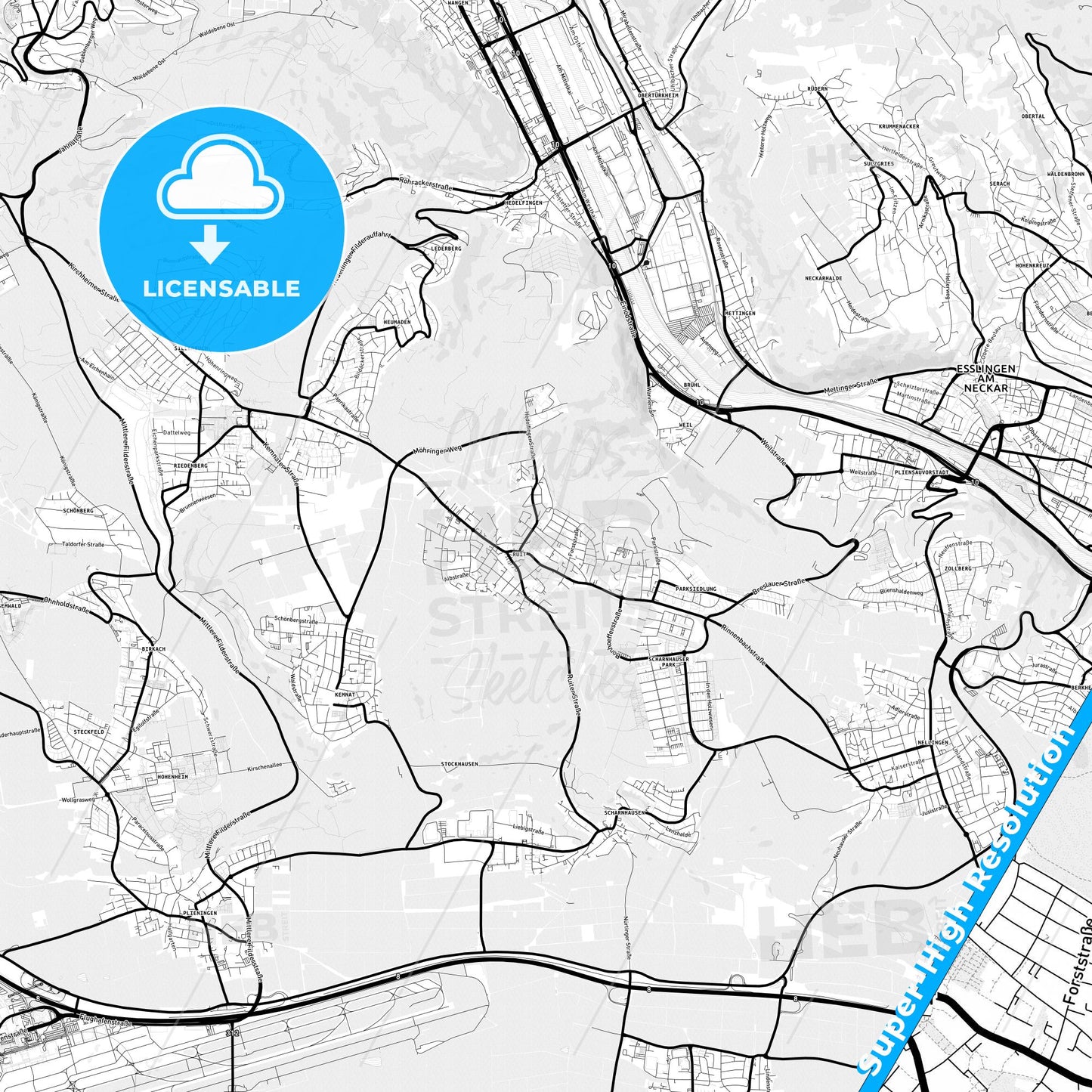 Ostfildern, Germany Light Map with Street Names, City Names, and Districts