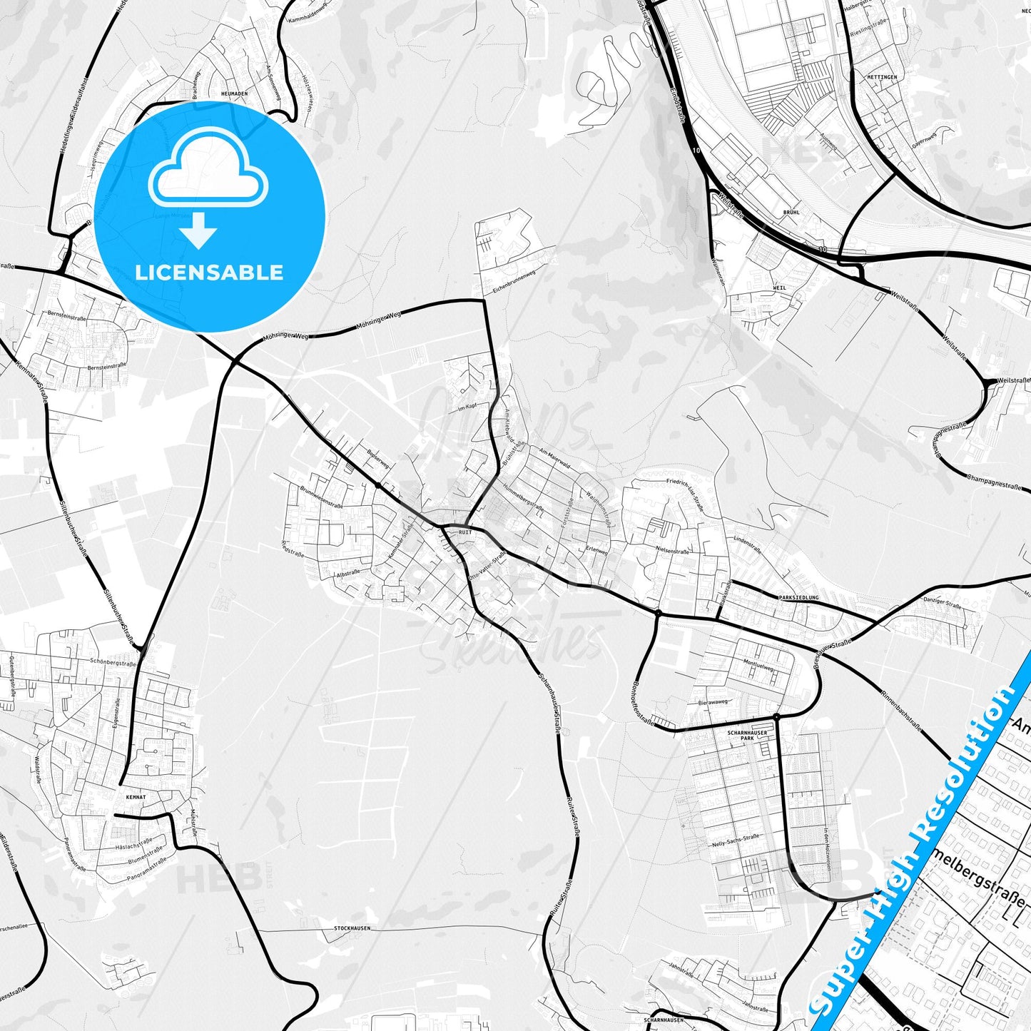 Ostfildern, Germany Light Map with Street Names, City Names, and Districts
