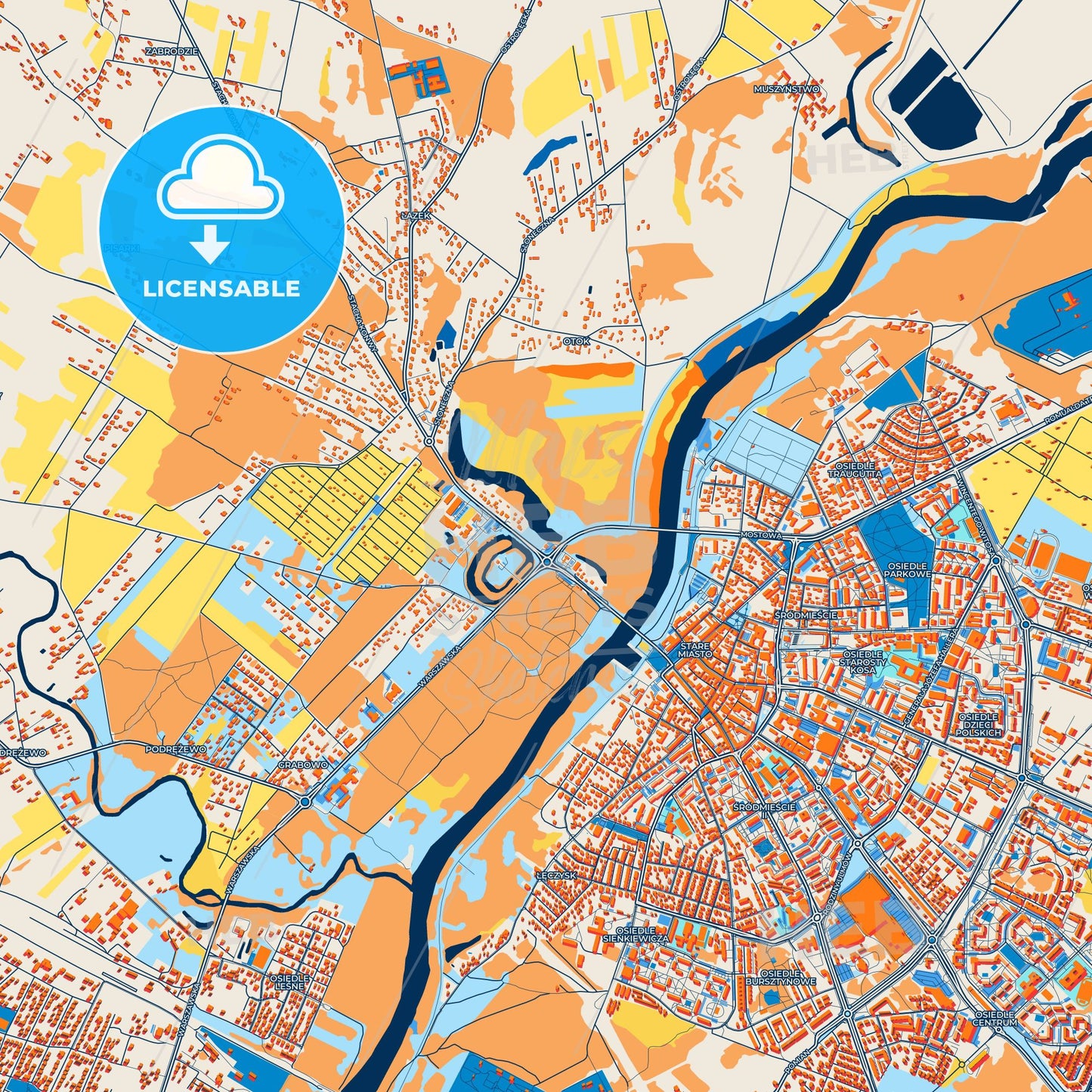Colorful Ostrołęka Street Map with Labels and Buildings