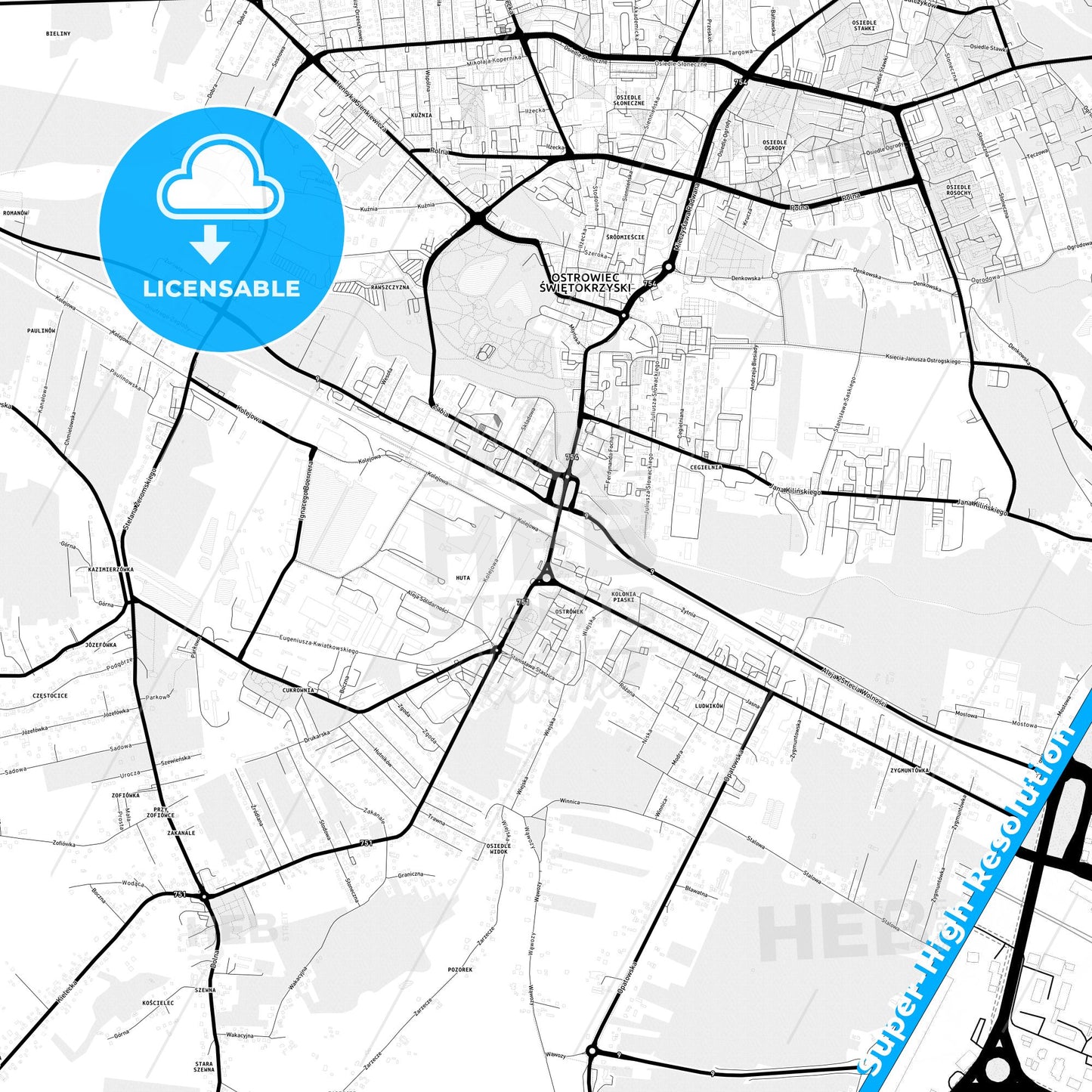 Ostrowiec Świętokrzyski, Poland Light Map with Street Names, City Names, and Districts
