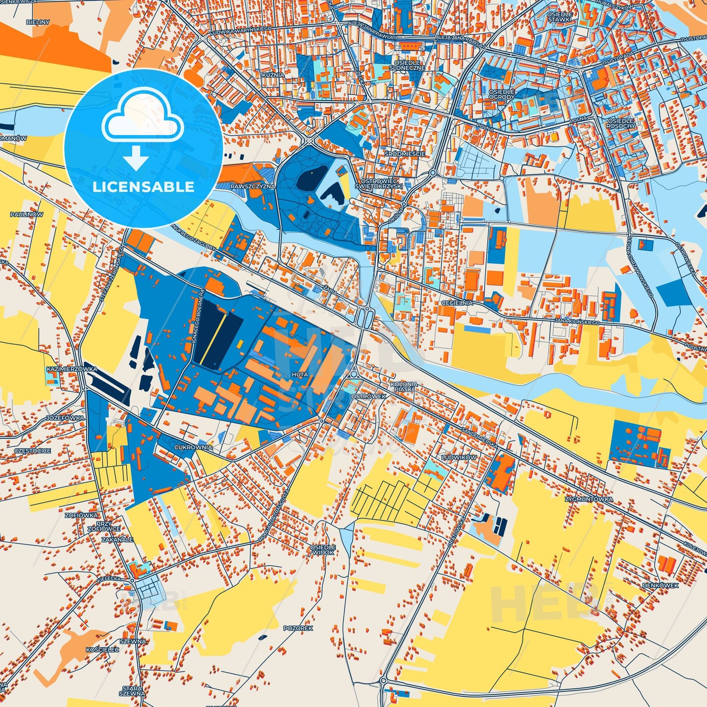 Colorful Ostrowiec Świętokrzyski Street Map with Labels and Buildings
