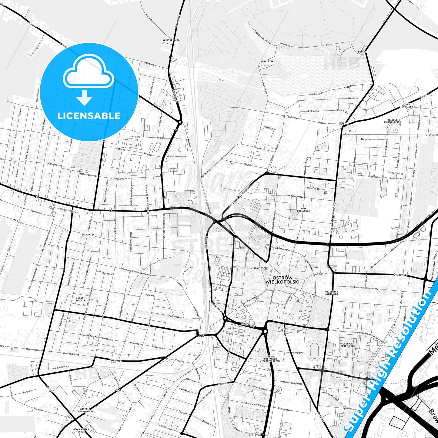 Ostrów Wielkopolski, Poland Light Map with Street Names, City Names, and Districts