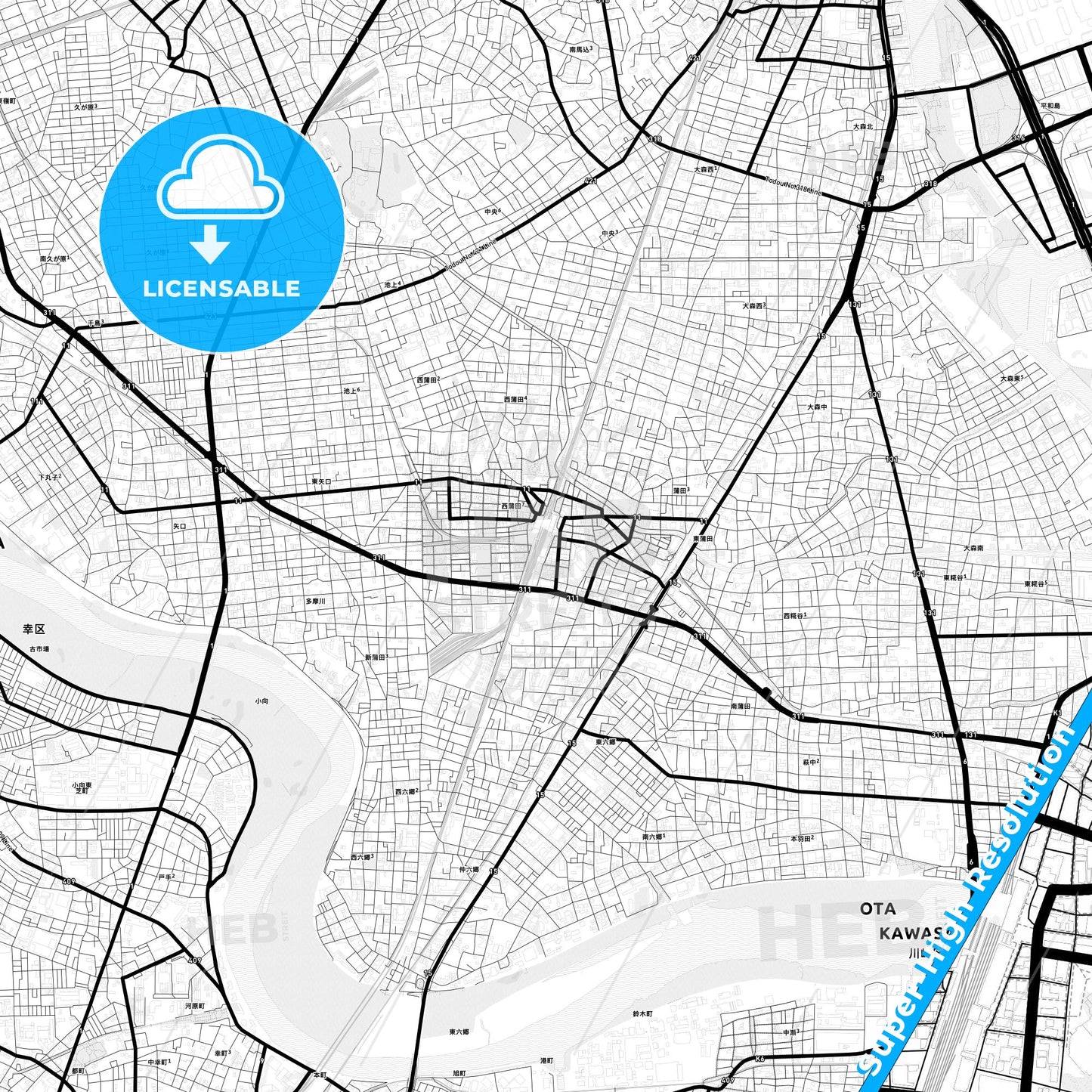 Ōta, Japan Light Map with Street Names, City Names, and Districts
