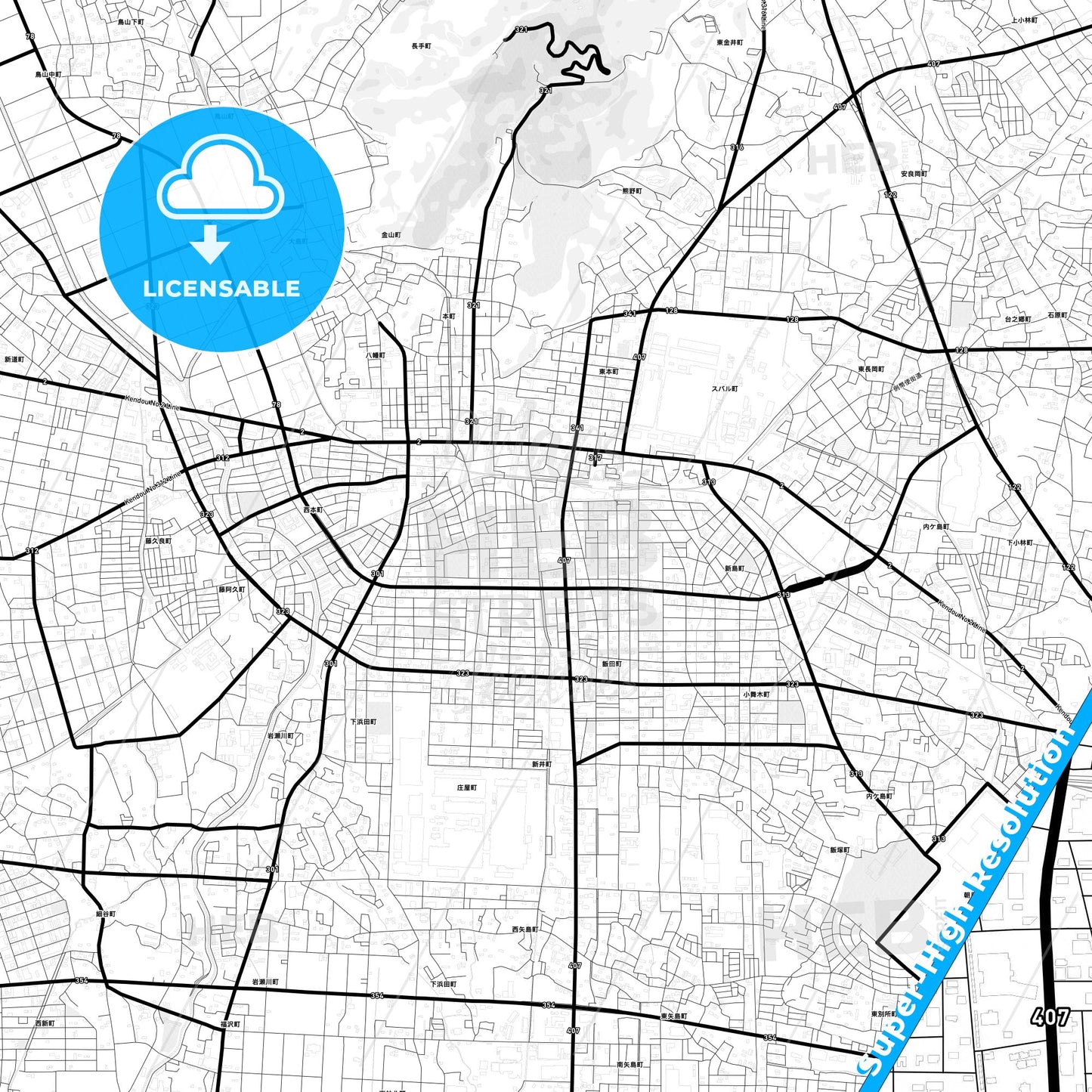 Ōta, Japan Light Map with Street Names, City Names, and Districts
