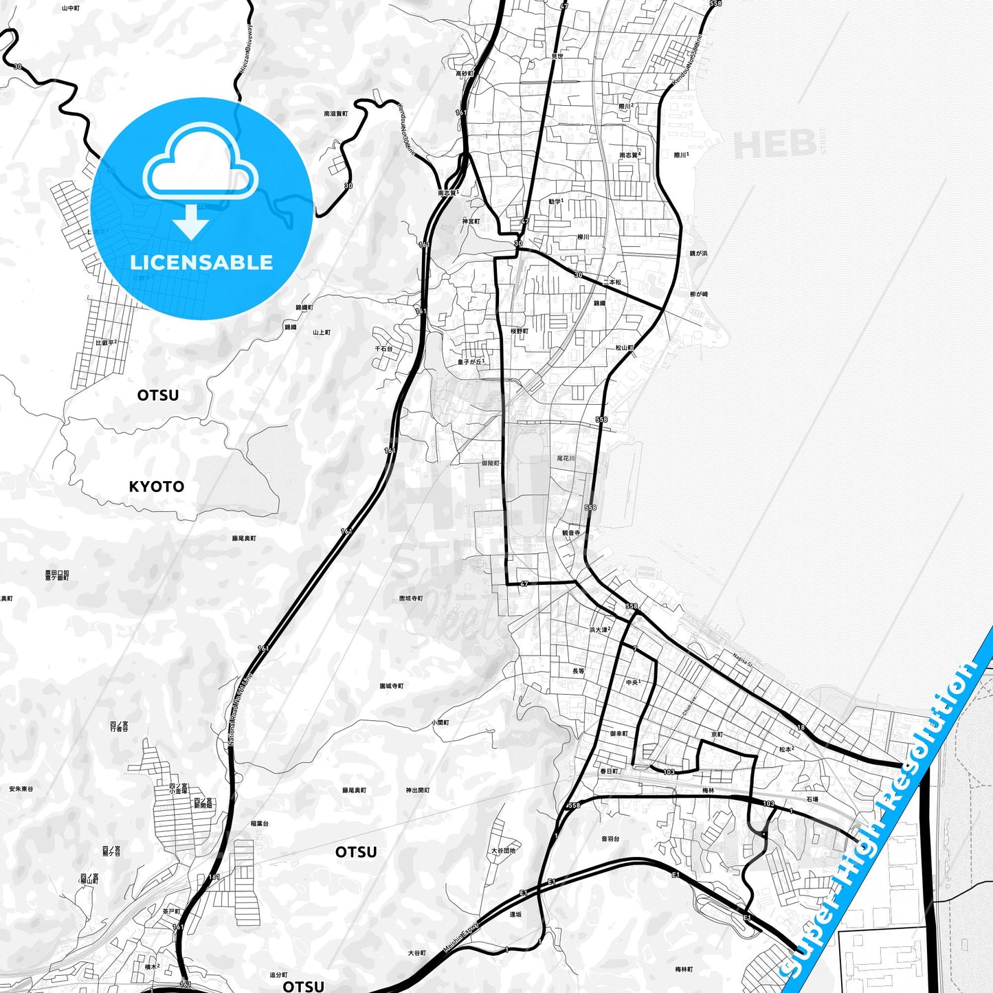 Ōtsu, Japan Light Map with Street Names, City Names, and Districts