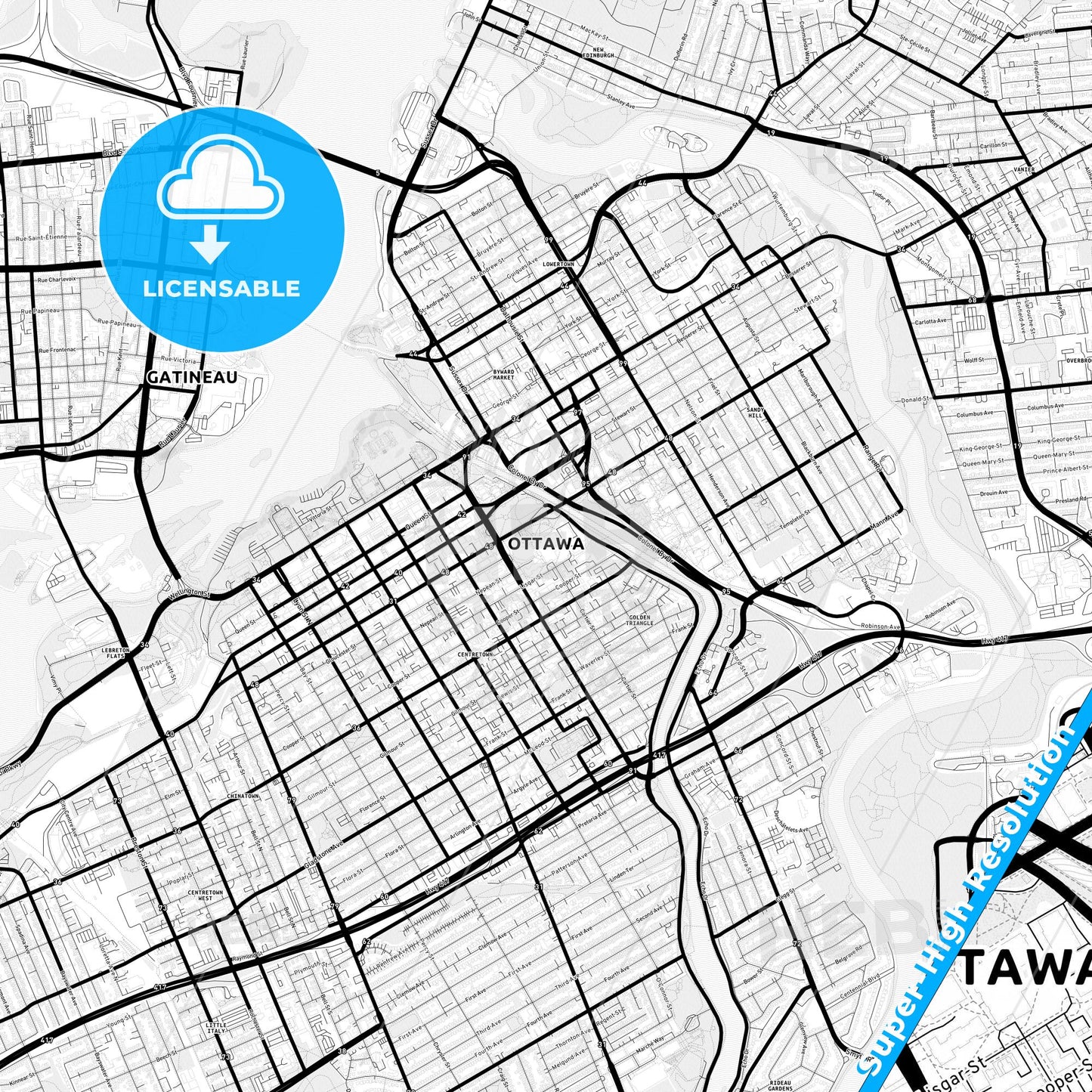 Ottawa, Canada Light Map with Street Names, City Names, and Districts