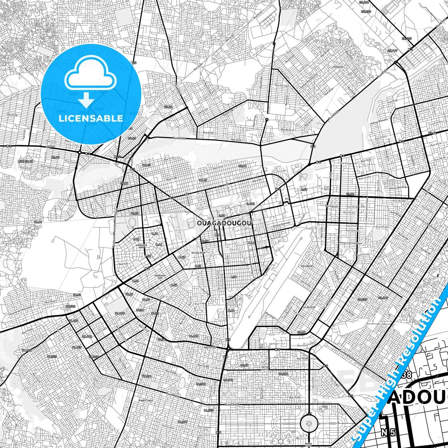 Ouagadougou, Burkina Faso Light Map with Street Names, City Names, and Districts
