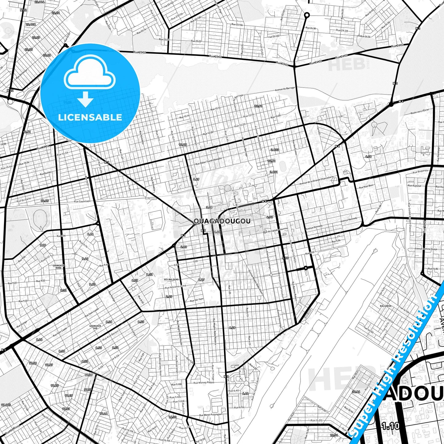 Ouagadougou, Burkina Faso Light Map with Street Names, City Names, and Districts