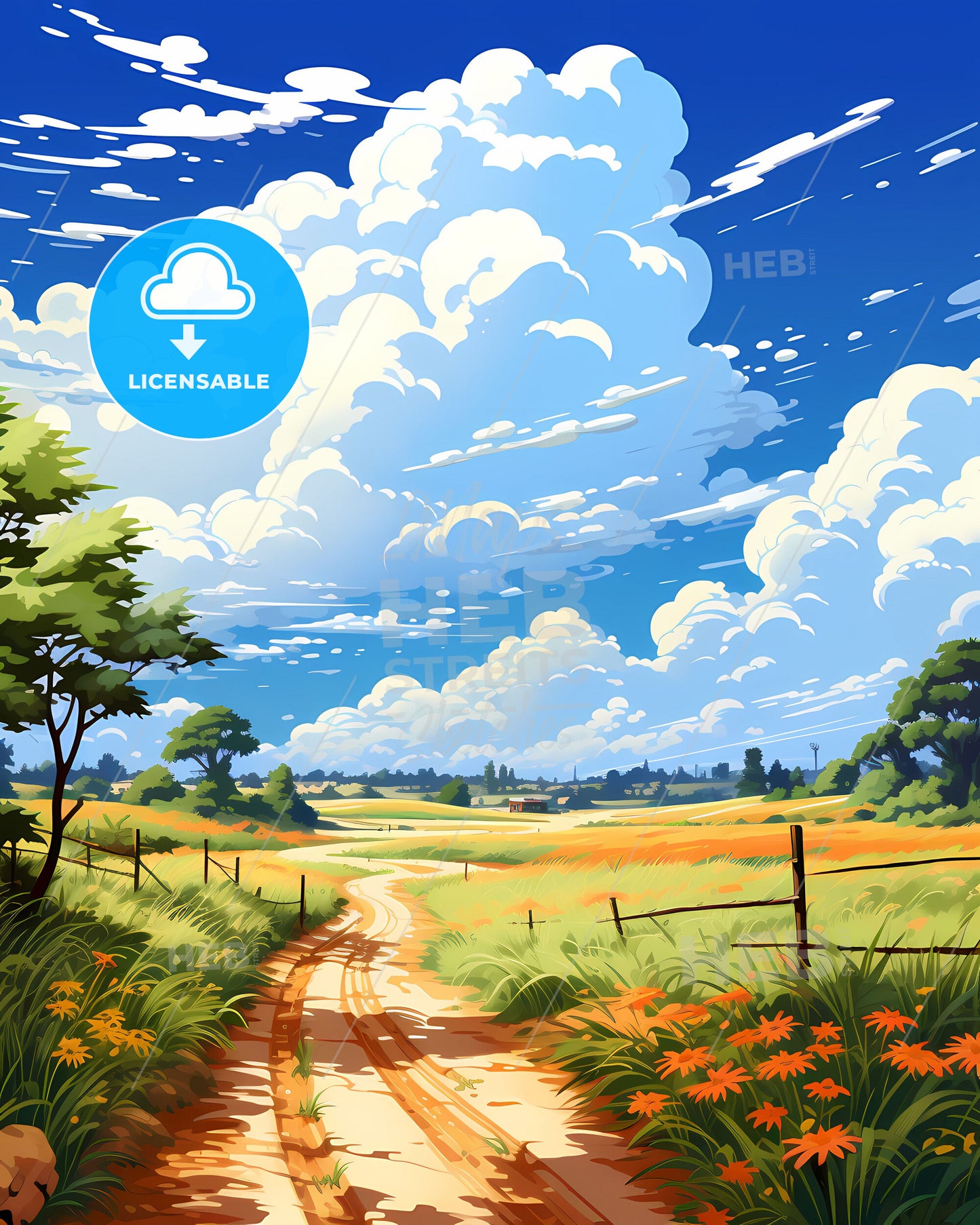 Colorful Hand-Painted Burkina Faso Landscape with Dirt Road Field Trees Flowers