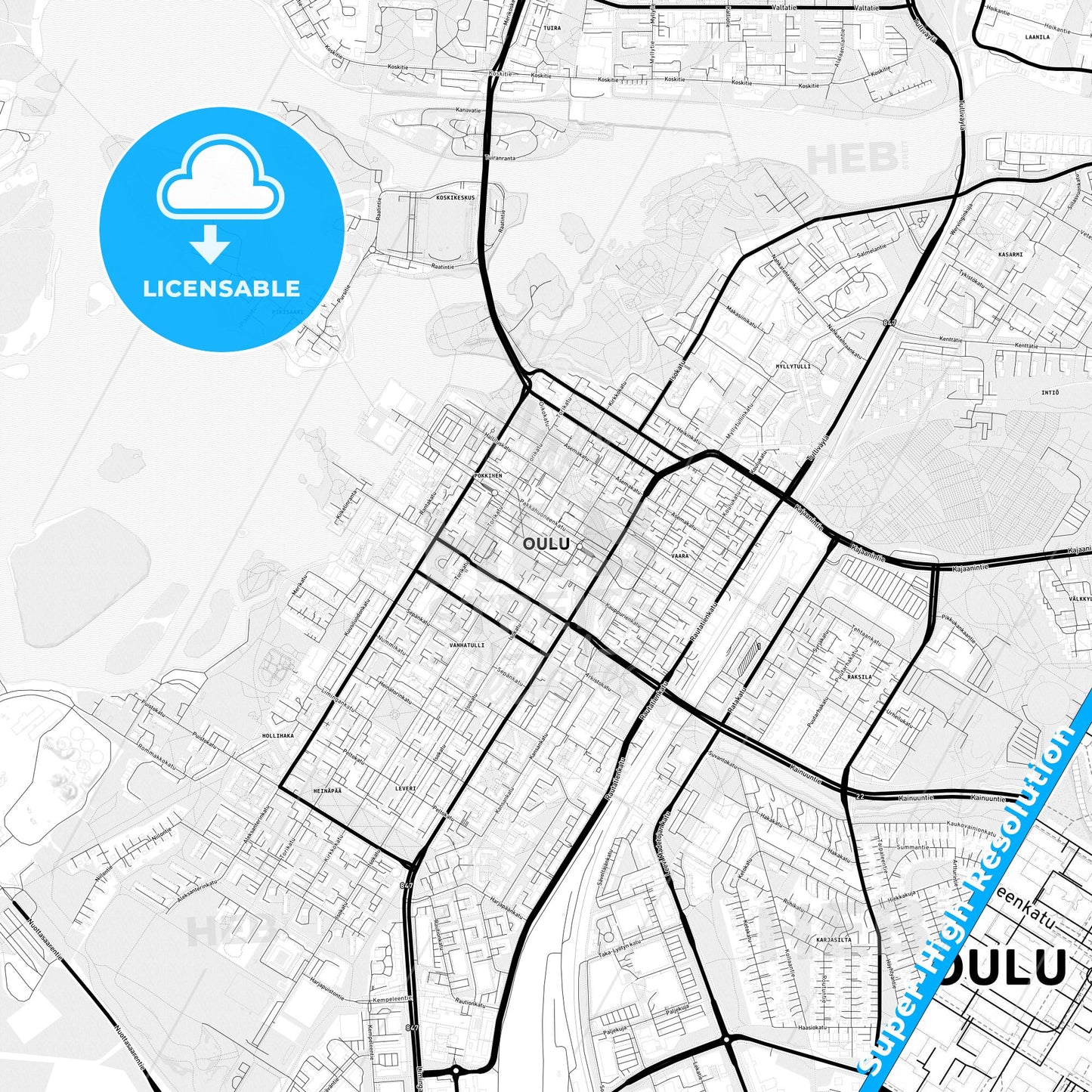 Oulu, Finland Light Map with Street Names, City Names, and Districts
