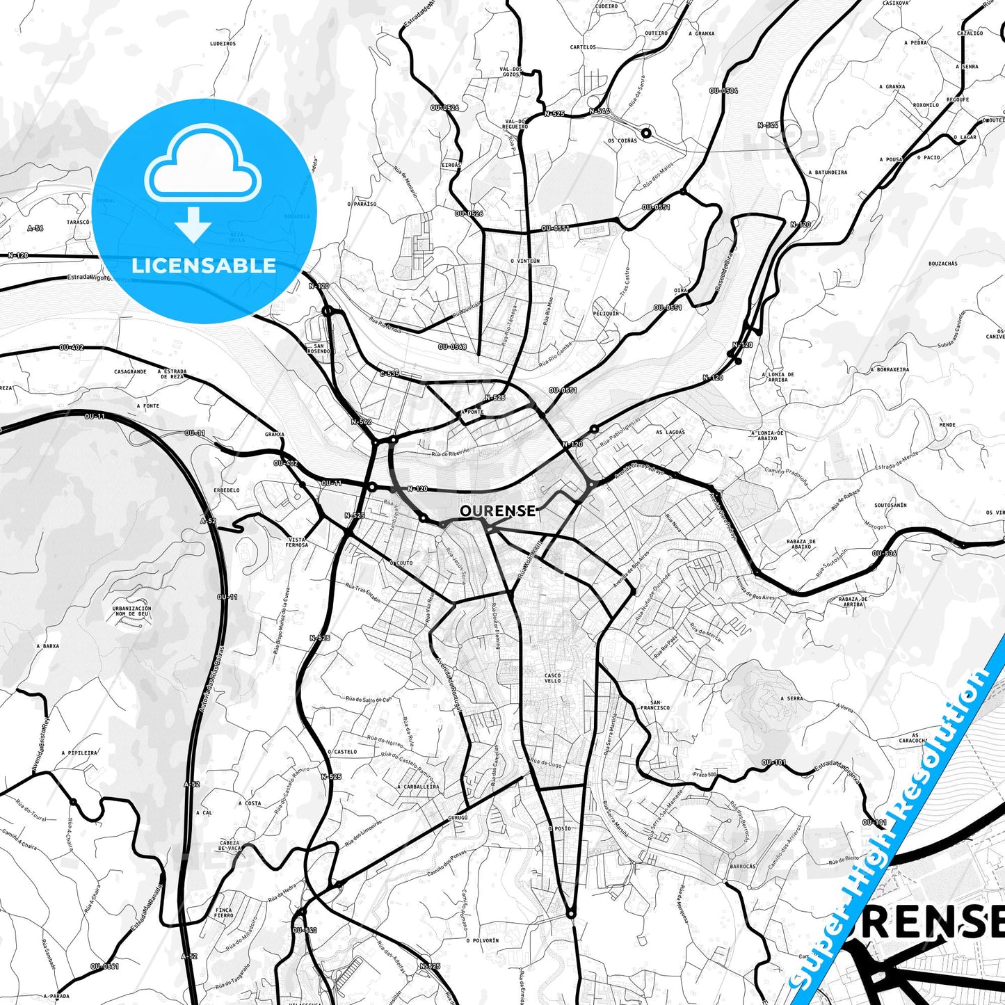 Ourense, Spain Light Map with Street Names, City Names, and Districts