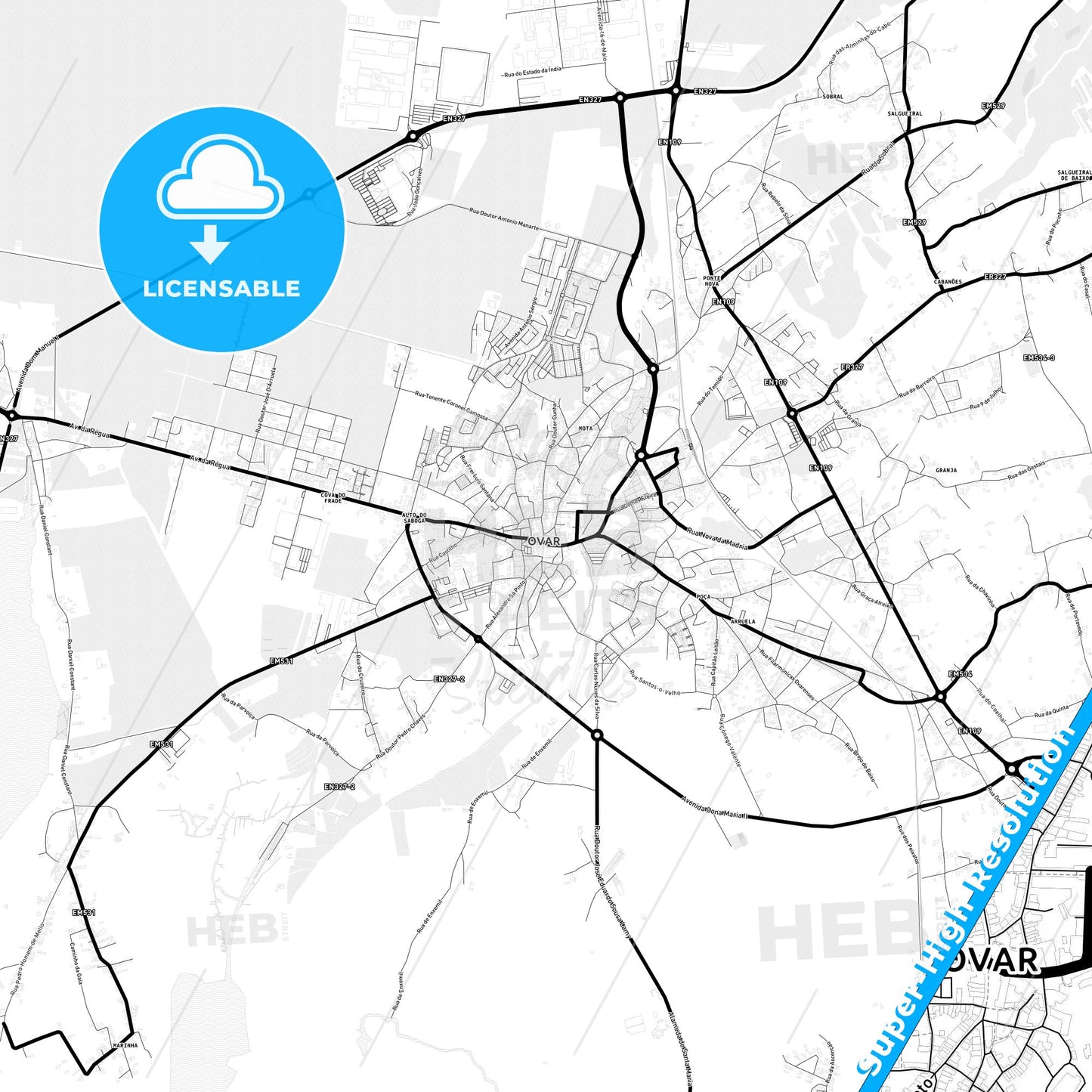 Ovar, Portugal Light Map with Street Names, City Names, and Districts