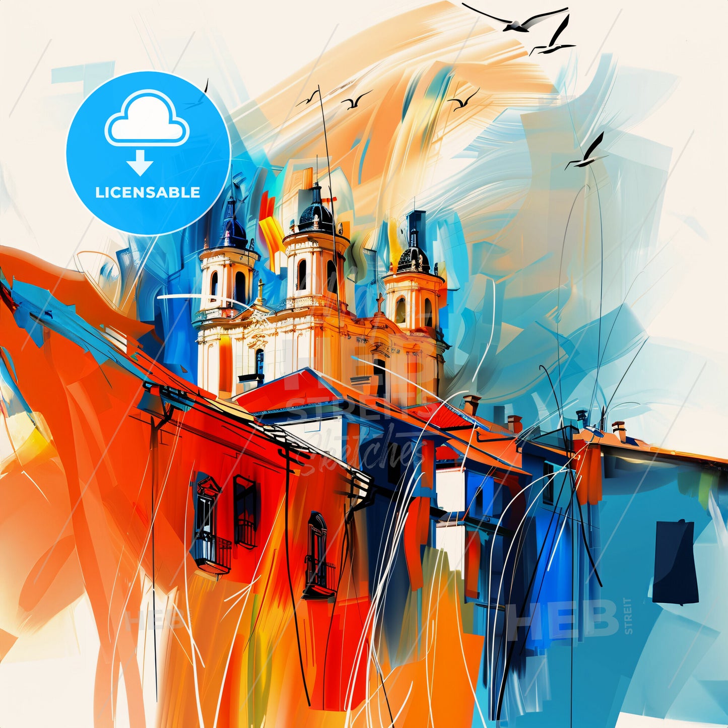 Vibrant Oviedo, Spain - A Painting Of A Building With A Castle On Top