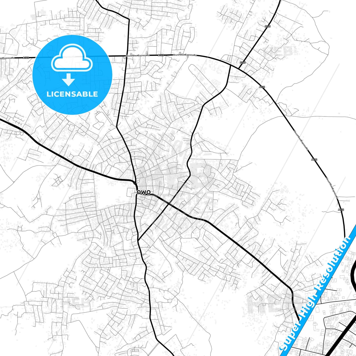 Owo, Nigeria Light Map with Street Names, City Names, and Districts