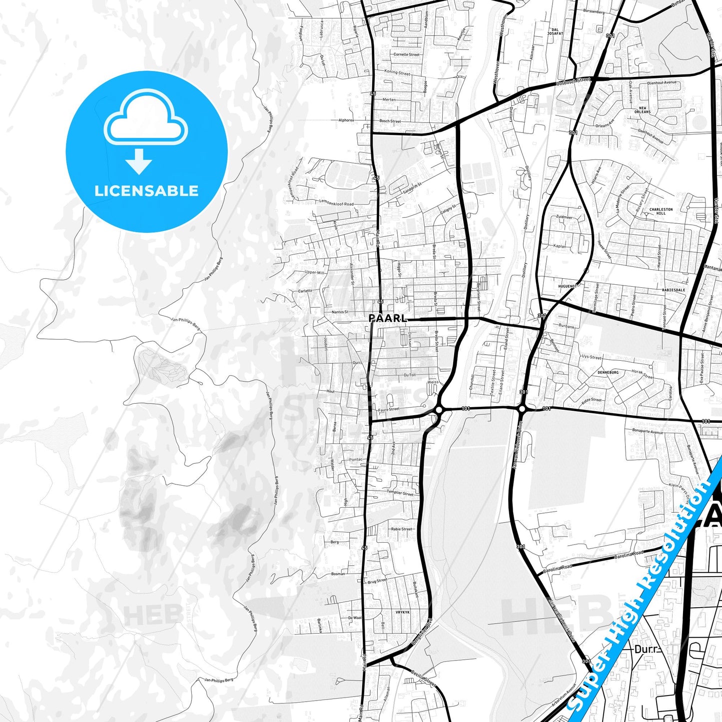 Paarl, South Africa Light Map with Street Names, City Names, and Districts
