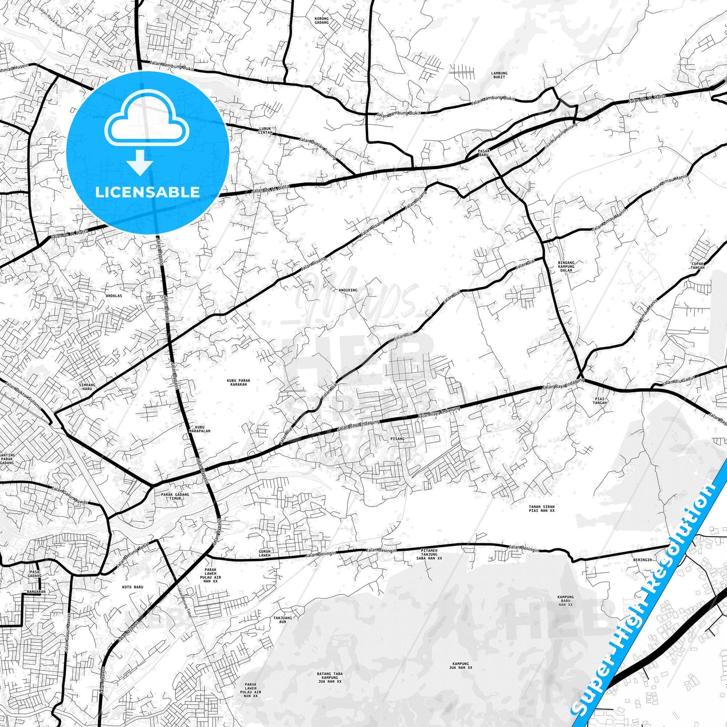 Padang, Indonesia Light Map with Street Names, City Names, and Districts