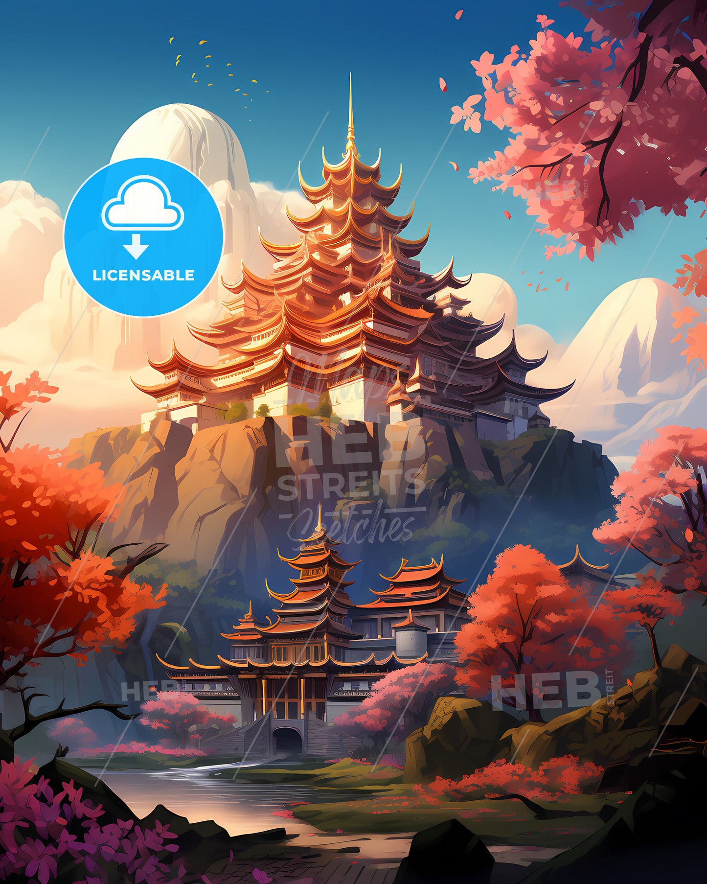 Vibrant Artistic Painting of Padang Indonesia Skyline | Hillside Building | Trees | Mountains