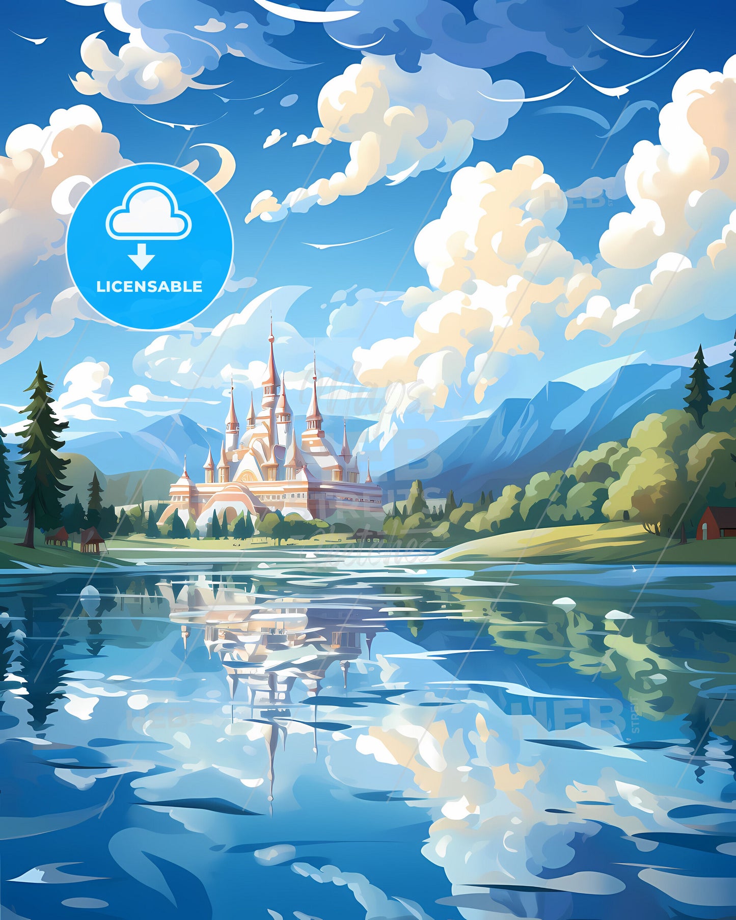 Colorful Artwork of a Lakeside Castle Skyline | Unique Indonesian Art | Abstract Cityscape Painting | Digital Print for Wall Decor