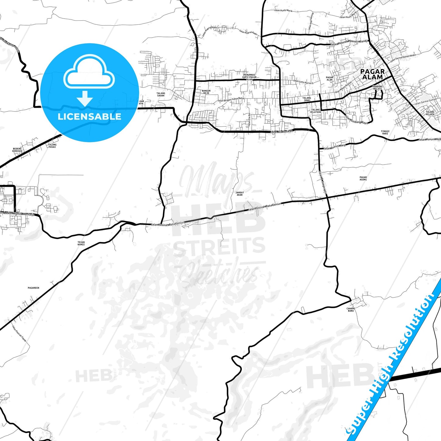 Pagar Alam, Indonesia Light Map with Street Names, City Names, and Districts