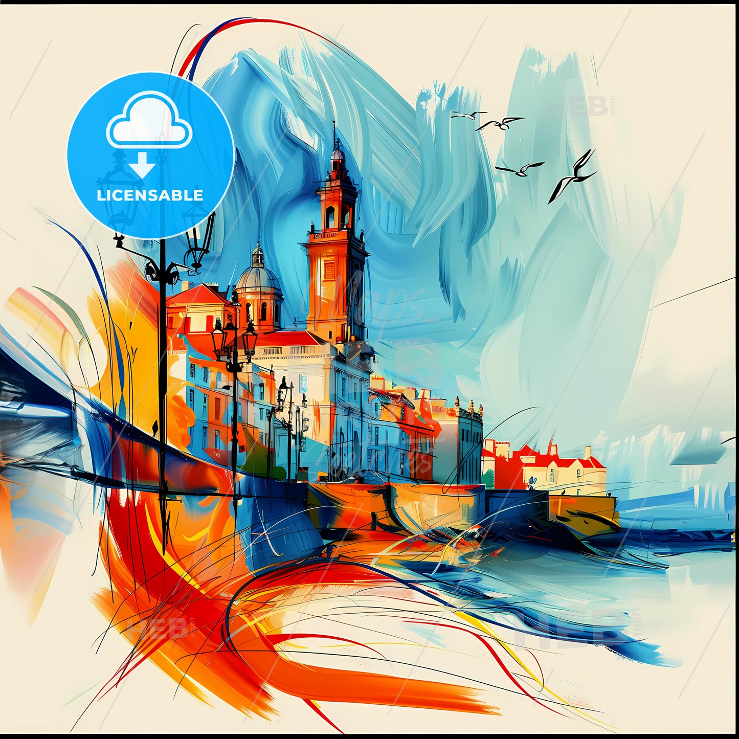 Vibrant Paignton, England - A Painting Of A City With A Tower And A Street Light