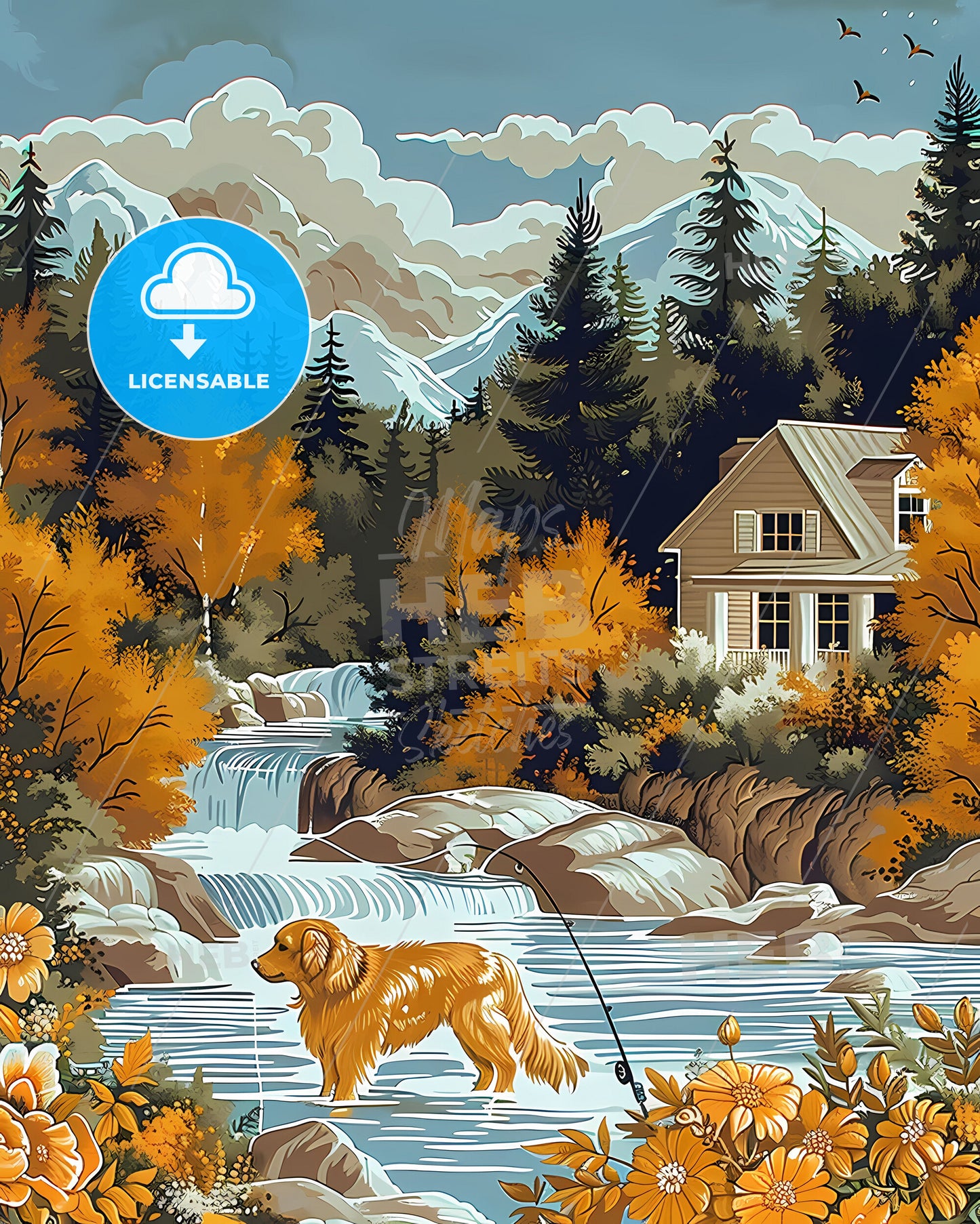 Golden Retriever Painting, Outdoor Forest, Fly Fishing, River, Dog, House, Art, Canvas