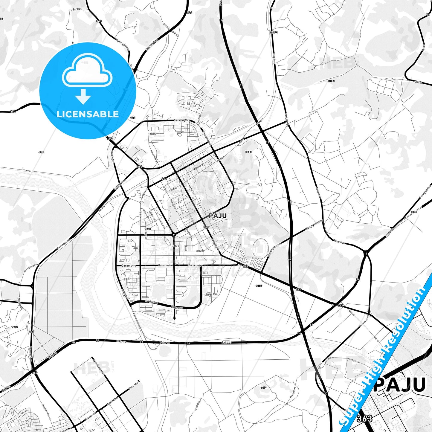 Paju, South Korea Light Map with Street Names, City Names, and Districts