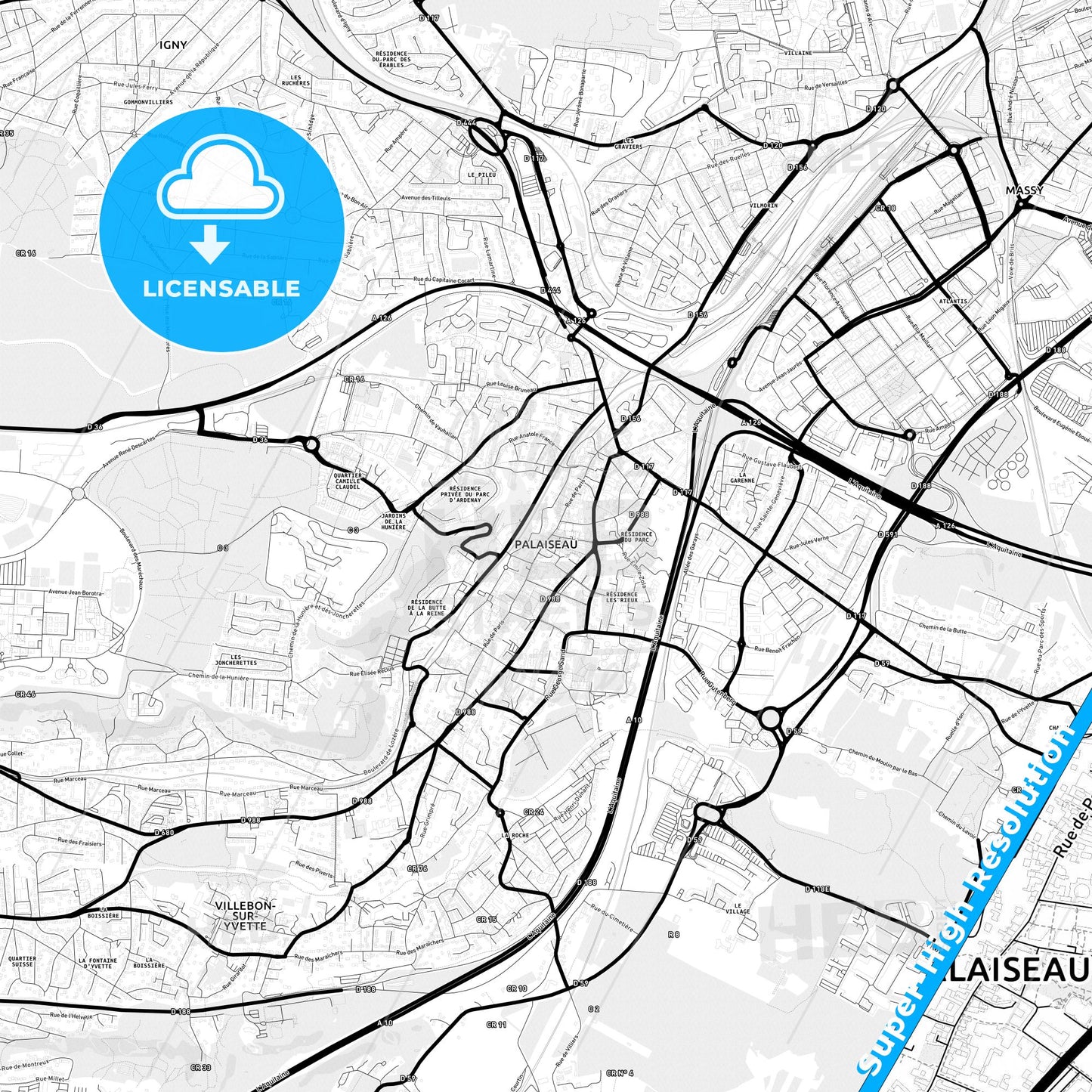 Palaiseau, France Light Map with Street Names, City Names, and Districts